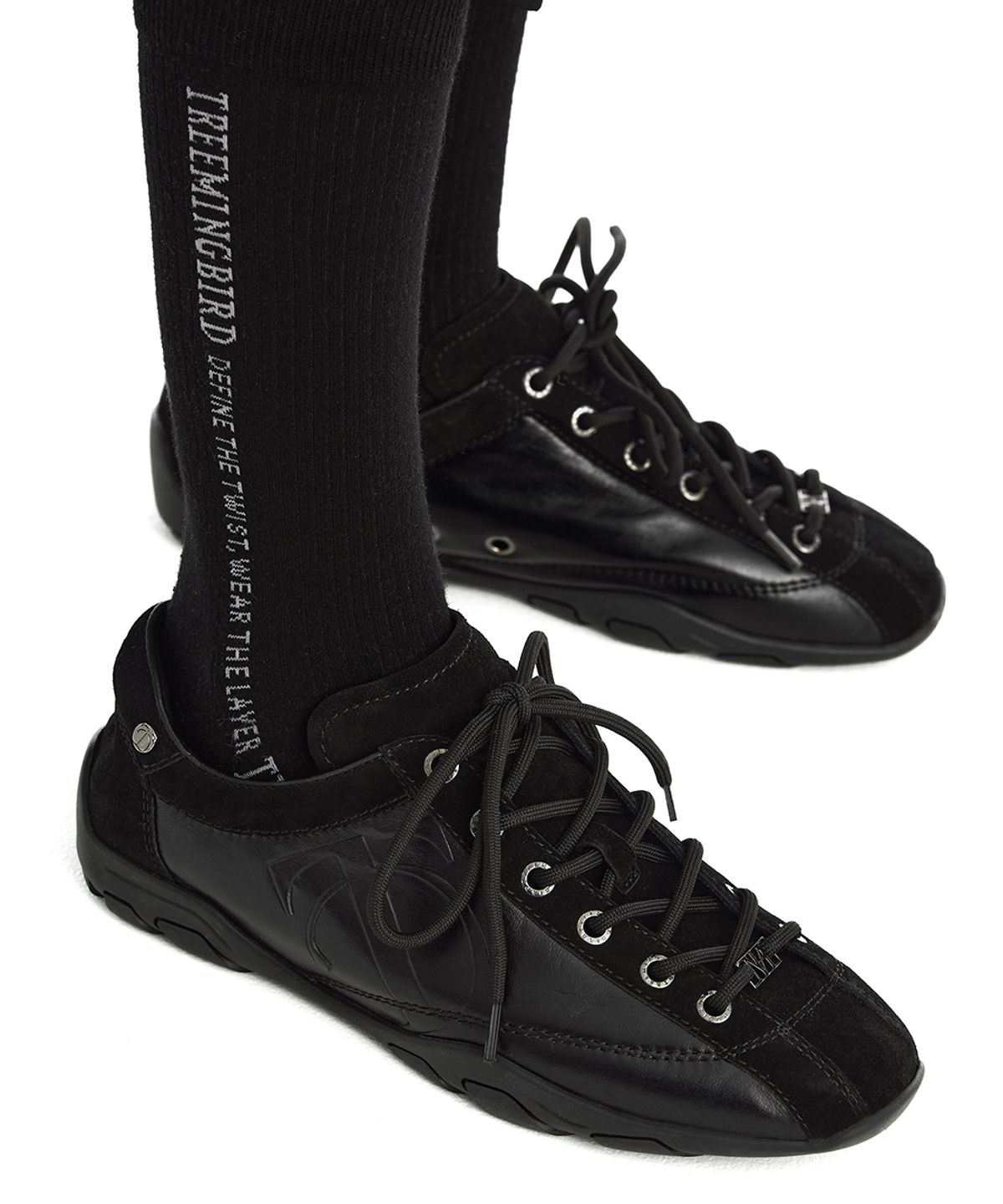 트리밍버드(TREEMINGBIRD) Flat Cowhide Leather Sneakers [ Black ]