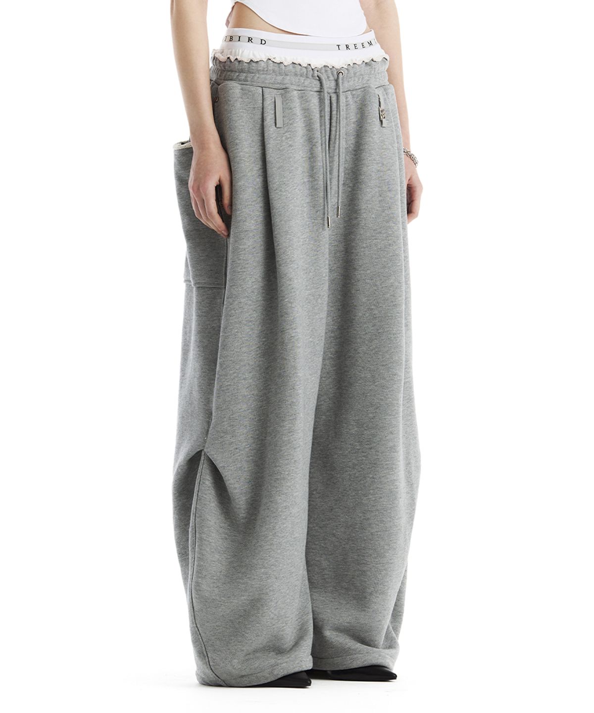 트리밍버드(TREEMINGBIRD) Double Waist Sagging Sweat Pants [ Melange Gray ]