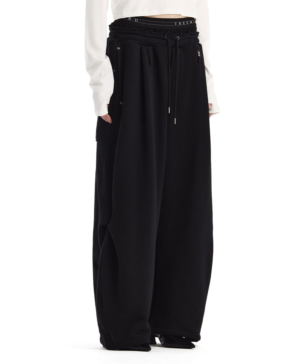 트리밍버드(TREEMINGBIRD) Double Waist Sagging Sweat Pants [ Black ]