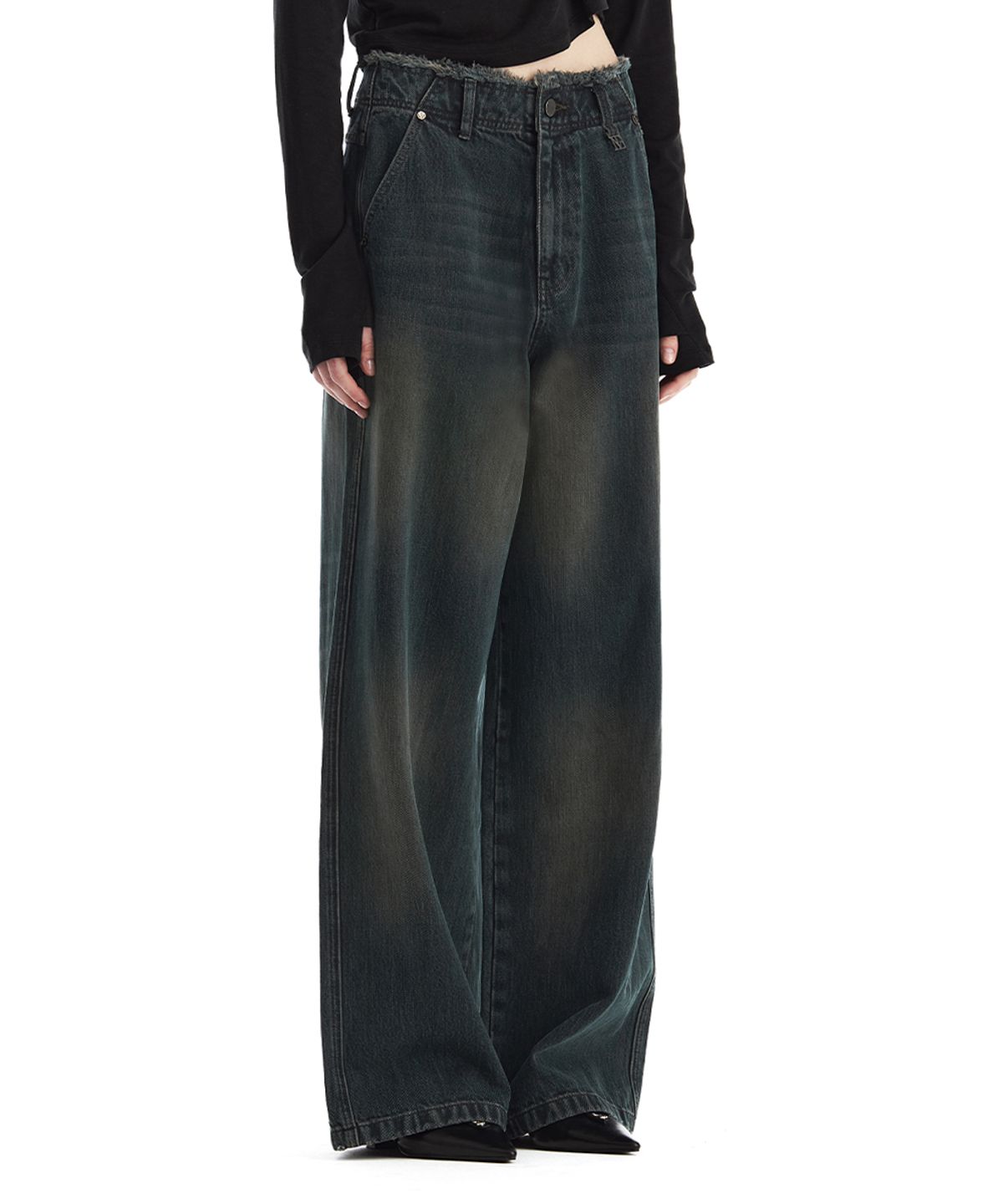 트리밍버드(TREEMINGBIRD) Raw Cut Belt-Line Brushed Denim Pants [ Dark Navy ]