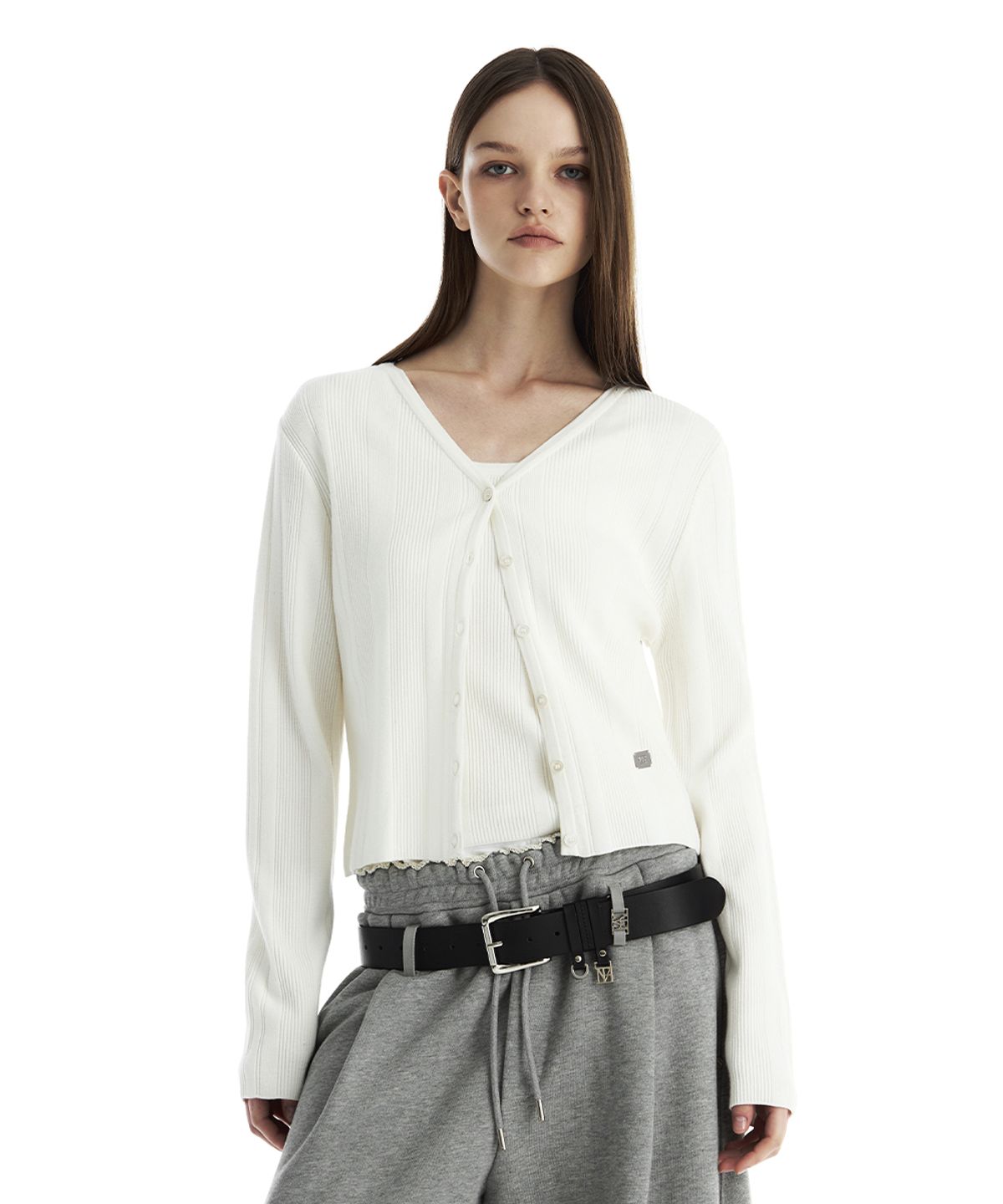 트리밍버드(TREEMINGBIRD) Essential Ribbed V-Neck Knit Cardigan [ Ivory ]