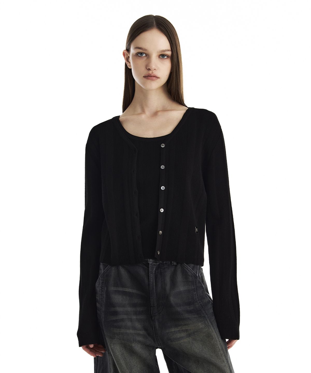 트리밍버드(TREEMINGBIRD) Essential Ribbed V-Neck Knit Cardigan [ Black ]