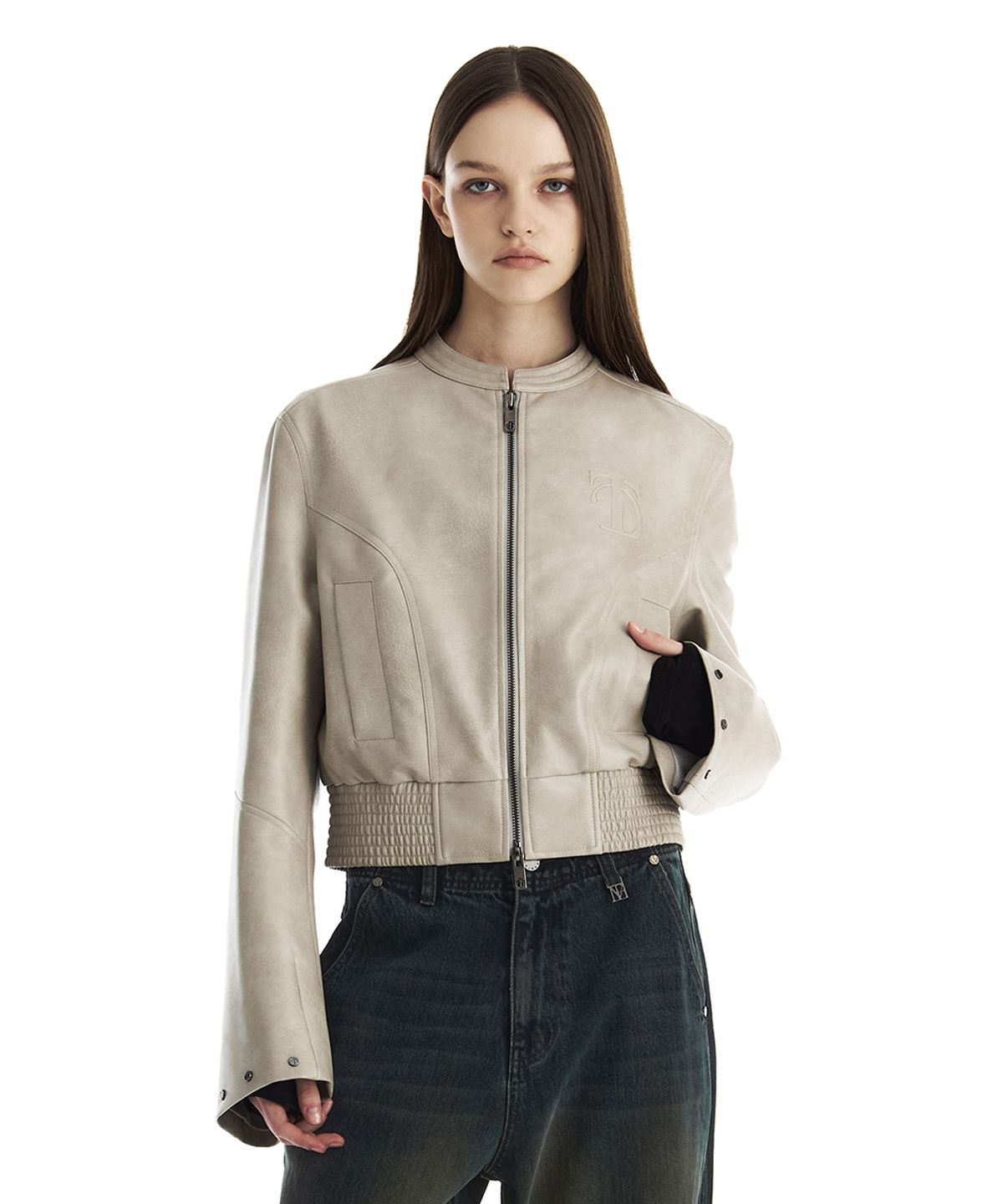 트리밍버드(TREEMINGBIRD) Logo Embossed Leather Slim-Fit Jacket [ Light Beige ]