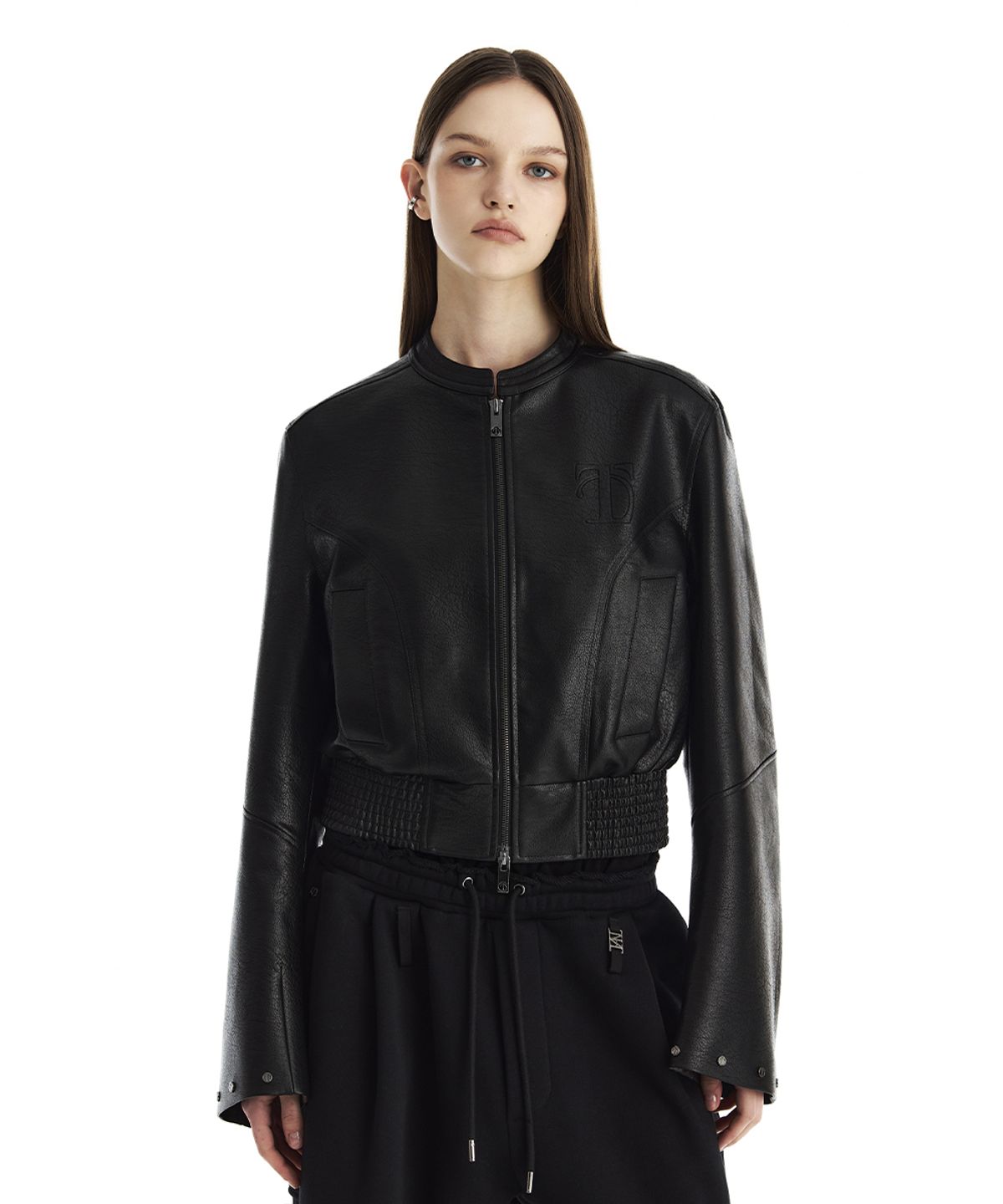 트리밍버드(TREEMINGBIRD) Logo Embossed Leather Slim-Fit Jacket [ Black ]