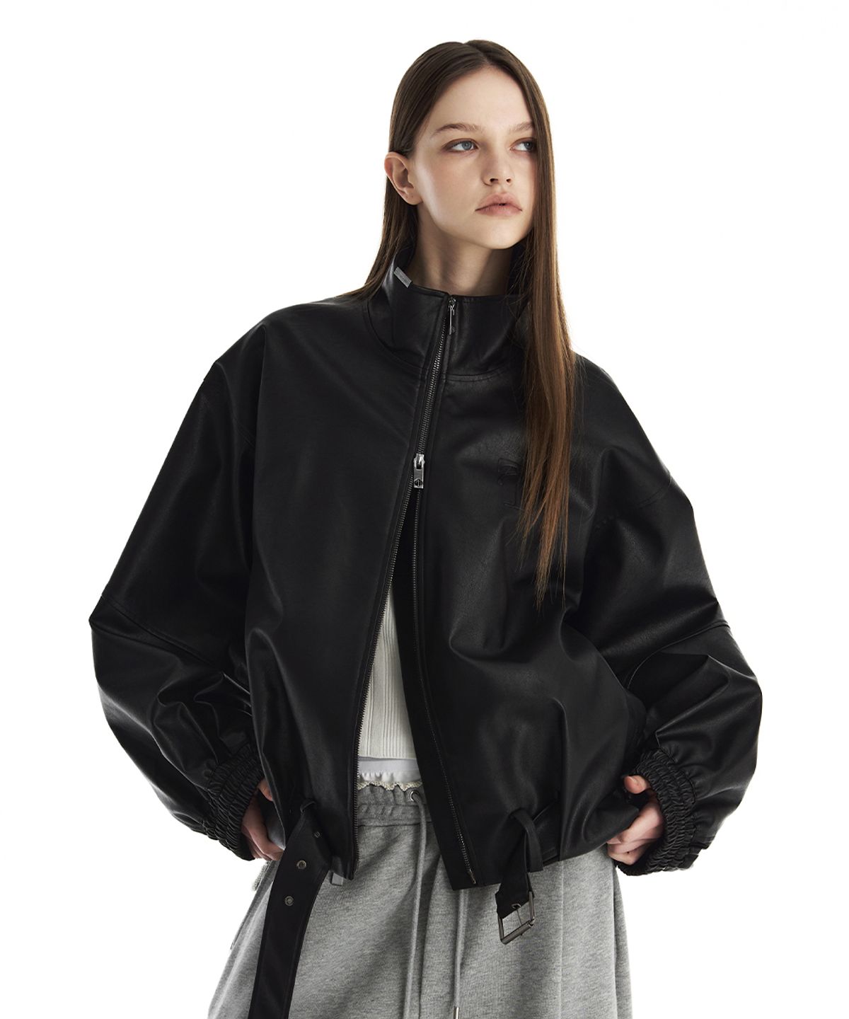 트리밍버드(TREEMINGBIRD) Belted Oversized Leather Blouson [ Black ]