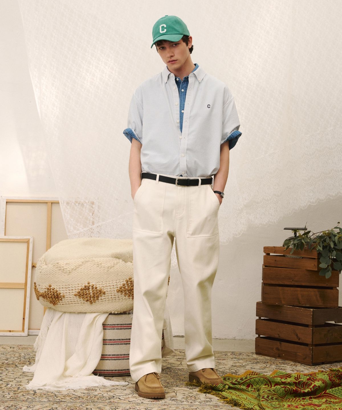 커버낫(COVERNAT) 와이드 백사틴 퍼티그 팬츠 올리브