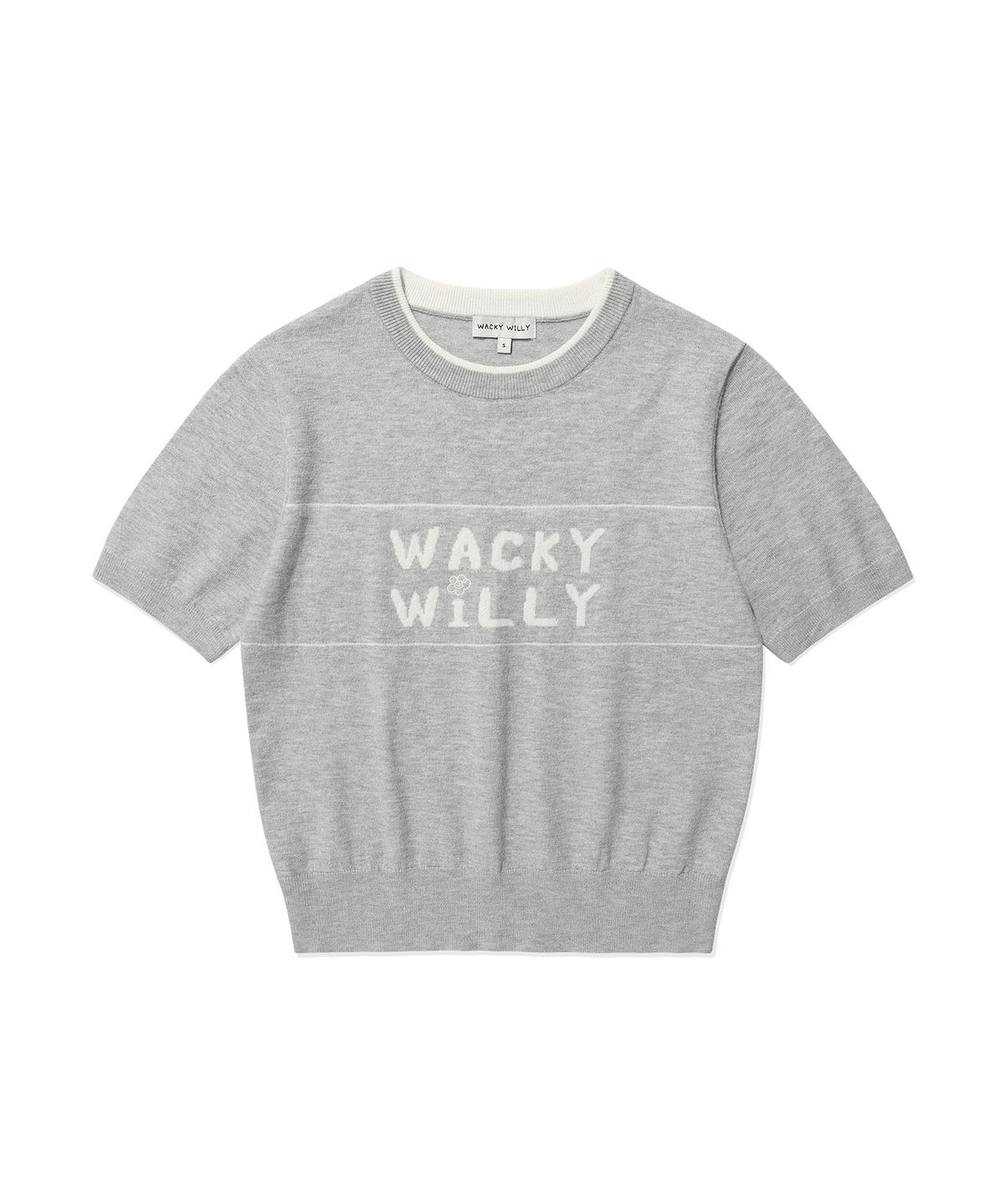 와키윌리(WACKY WILLY) 우먼스 타이포 그래픽 배색 반팔 니트 그레이
