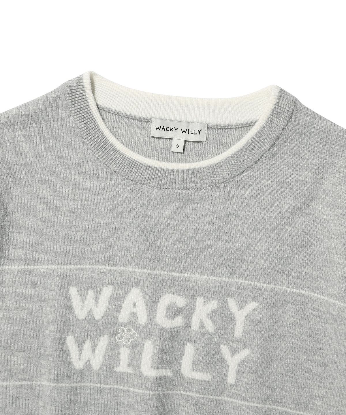 와키윌리(WACKY WILLY) 우먼스 타이포 그래픽 배색 반팔 니트 그레이