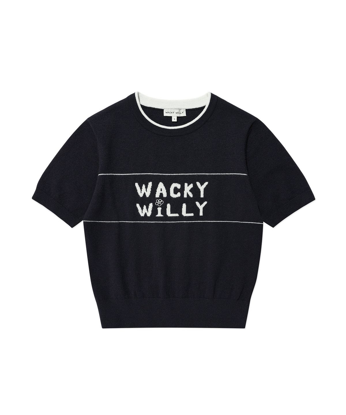 와키윌리(WACKY WILLY) 우먼스 타이포 그래픽 배색 반팔 니트 네이비