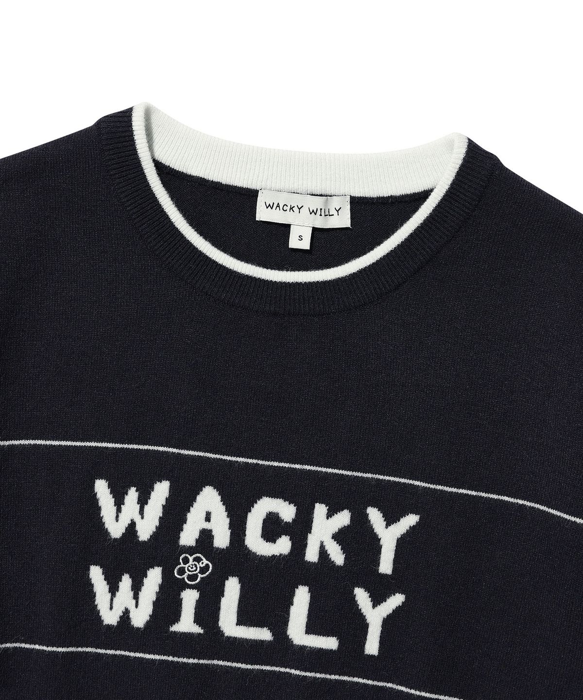 와키윌리(WACKY WILLY) 우먼스 타이포 그래픽 배색 반팔 니트 네이비