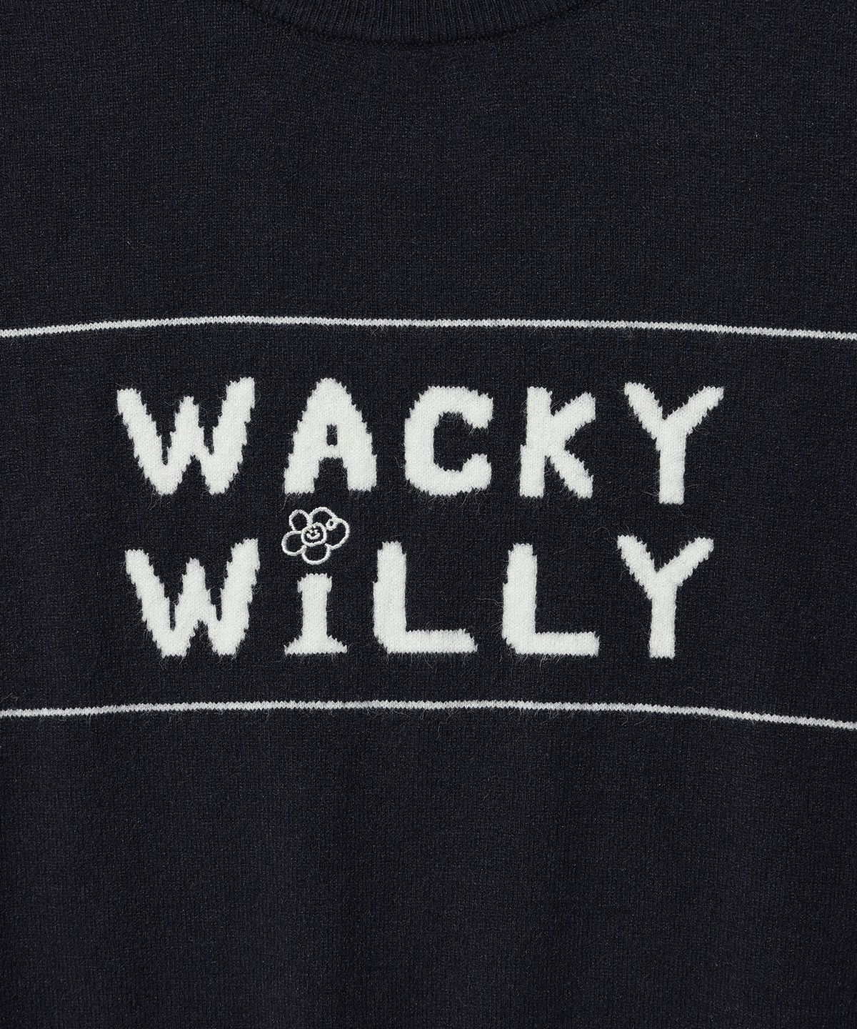 와키윌리(WACKY WILLY) 우먼스 타이포 그래픽 배색 반팔 니트 네이비