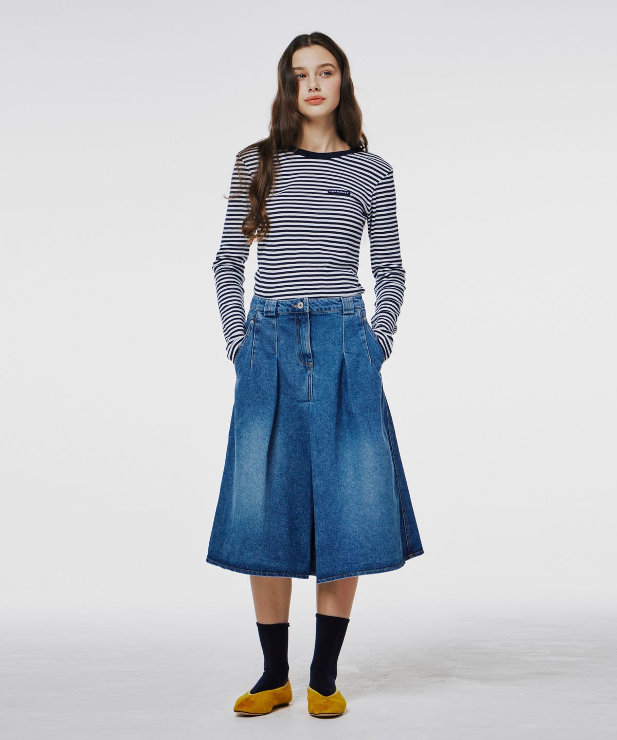 오픈도어스튜디오(OPENDOORSTUDIO) Half plaid denim skirt Navy
