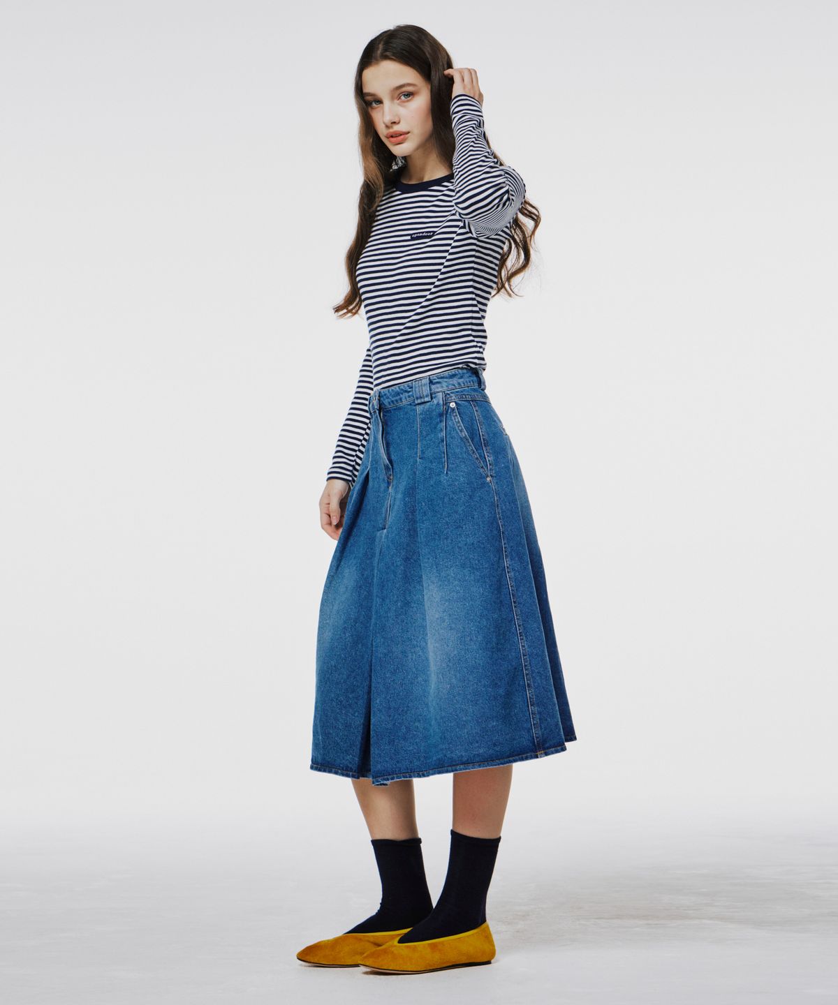 오픈도어스튜디오(OPENDOORSTUDIO) Half plaid denim skirt Navy