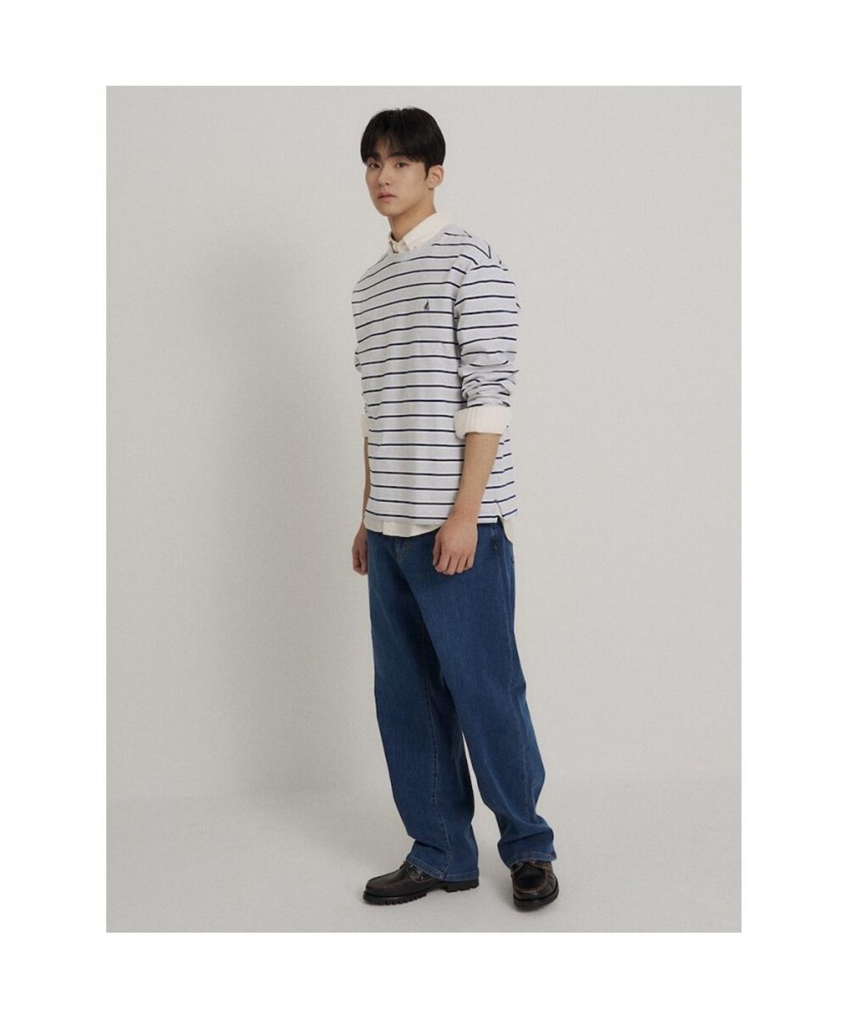 빈폴 멘(BEANPOLE MEN) 멀티 스트라이프 라운드넥 긴소매 티셔츠  그레이