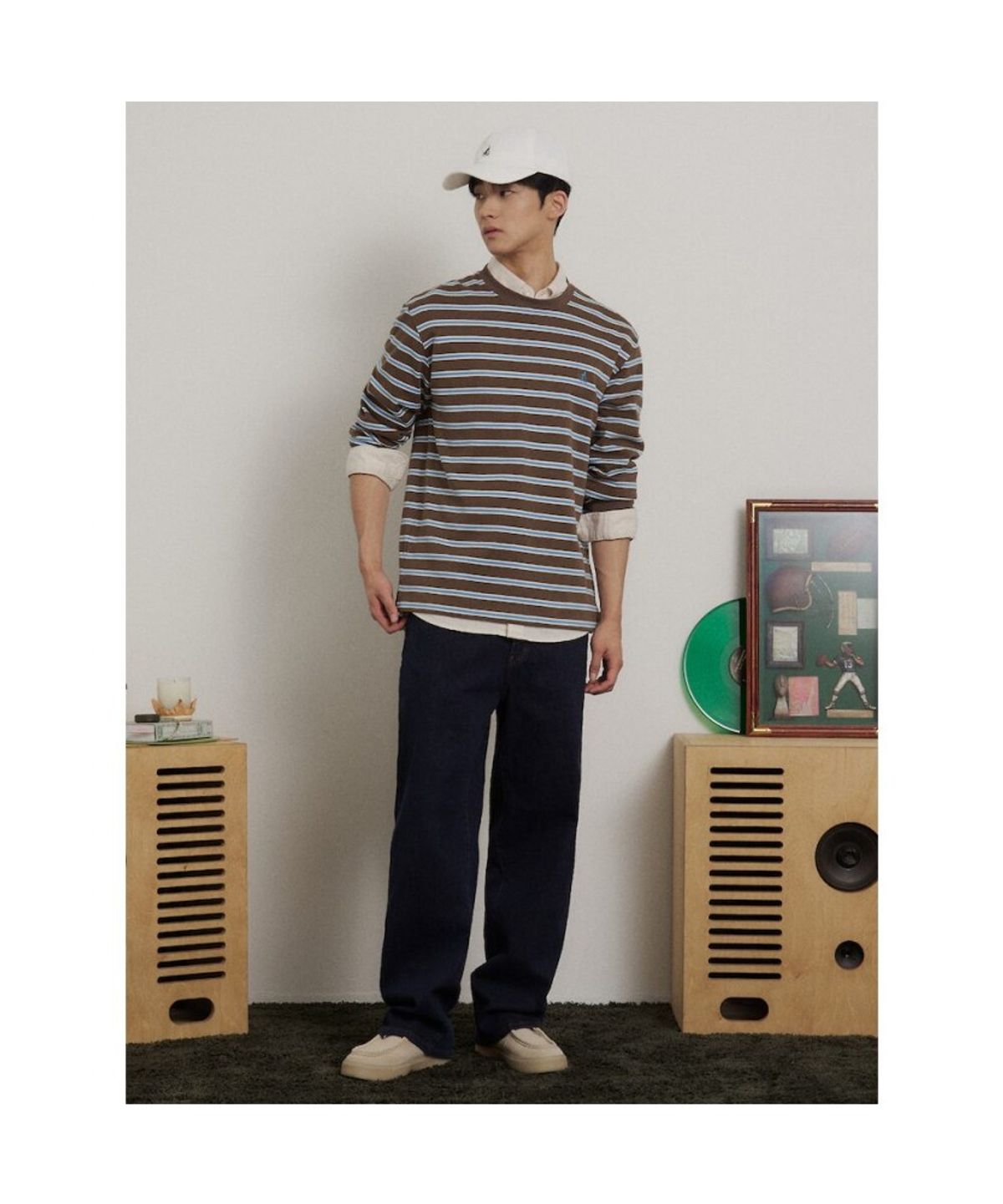 빈폴 멘(BEANPOLE MEN) 멀티 스트라이프 라운드넥 긴소매 티셔츠  브라운