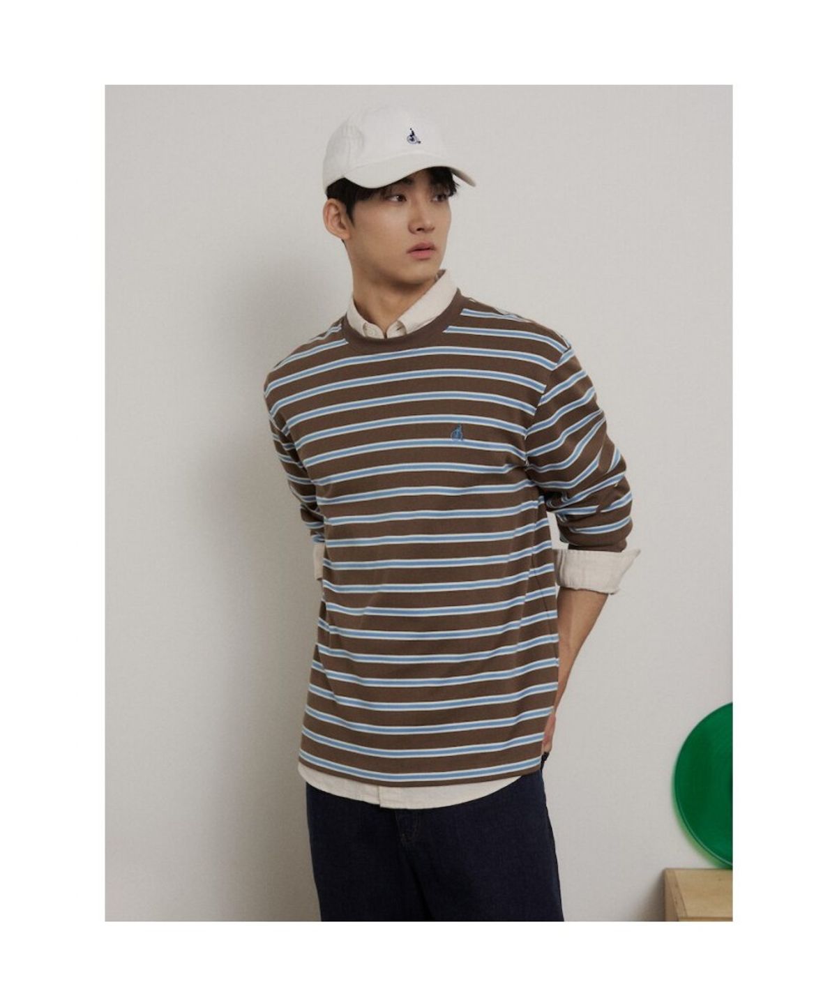 빈폴 멘(BEANPOLE MEN) 멀티 스트라이프 라운드넥 긴소매 티셔츠  브라운