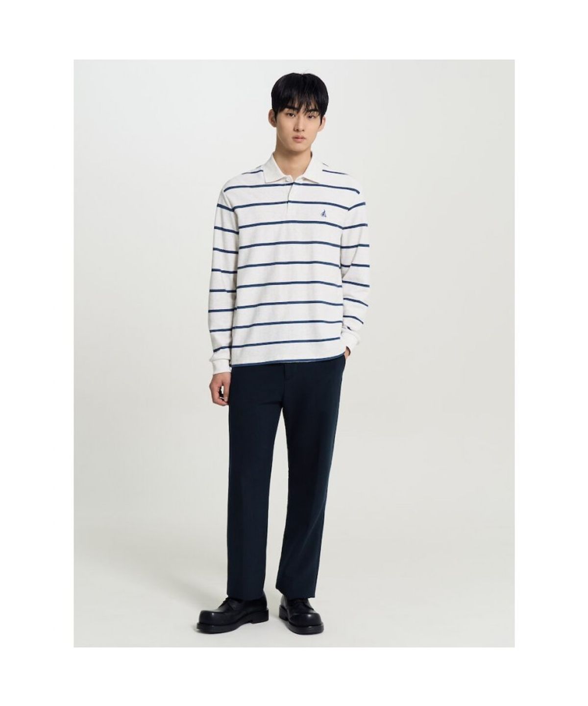 빈폴 멘(BEANPOLE MEN) 텍스처 칼라넥 스트라이프 긴소매 티셔츠  아이보리