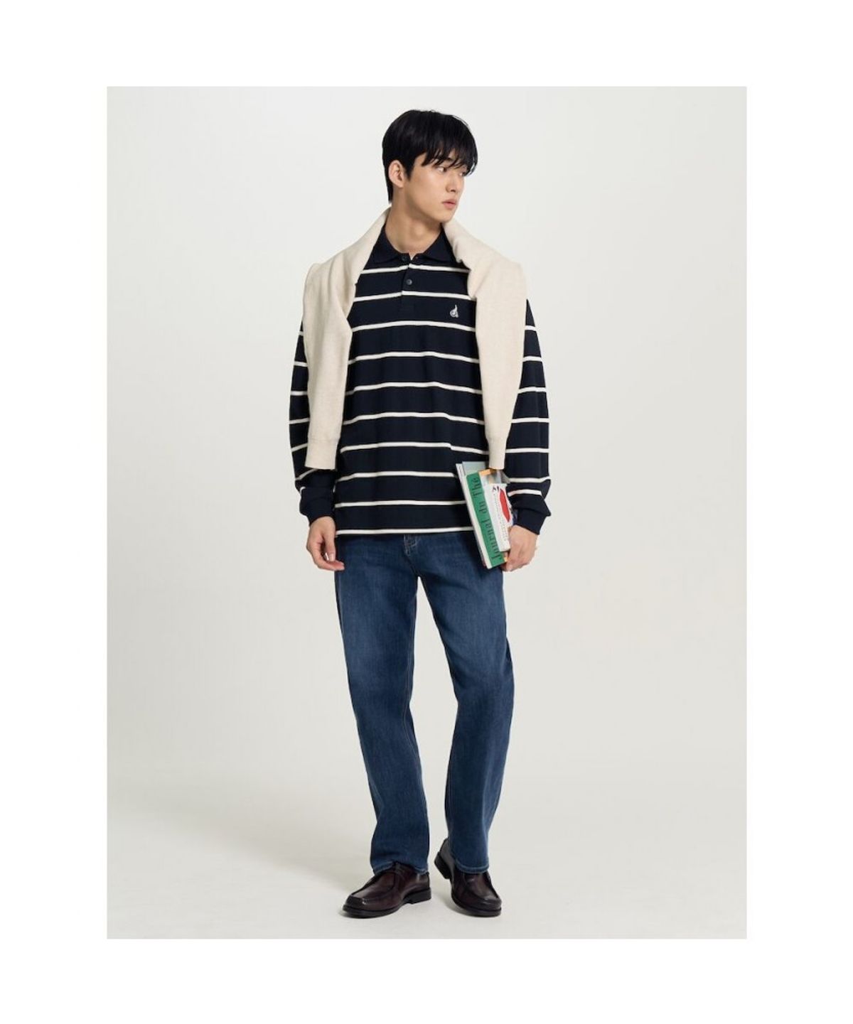 빈폴 멘(BEANPOLE MEN) 텍스처 칼라넥 스트라이프 긴소매 티셔츠  네이비