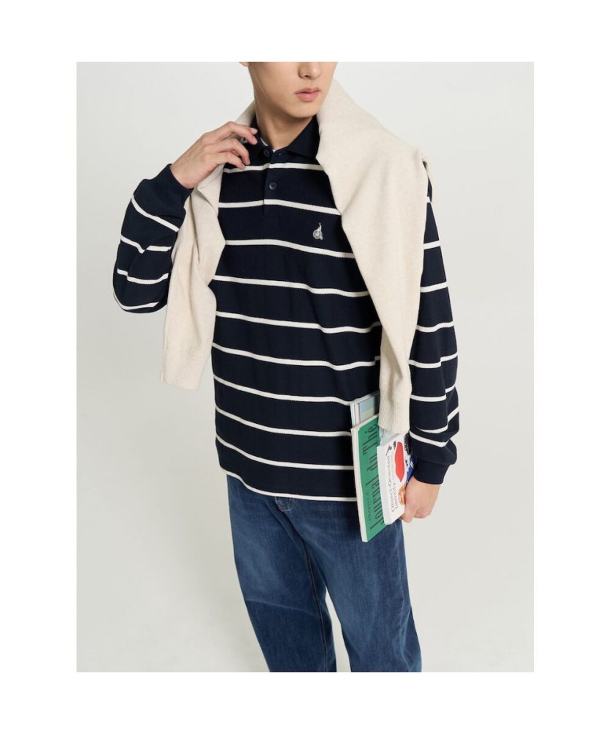 빈폴 멘(BEANPOLE MEN) 텍스처 칼라넥 스트라이프 긴소매 티셔츠  네이비