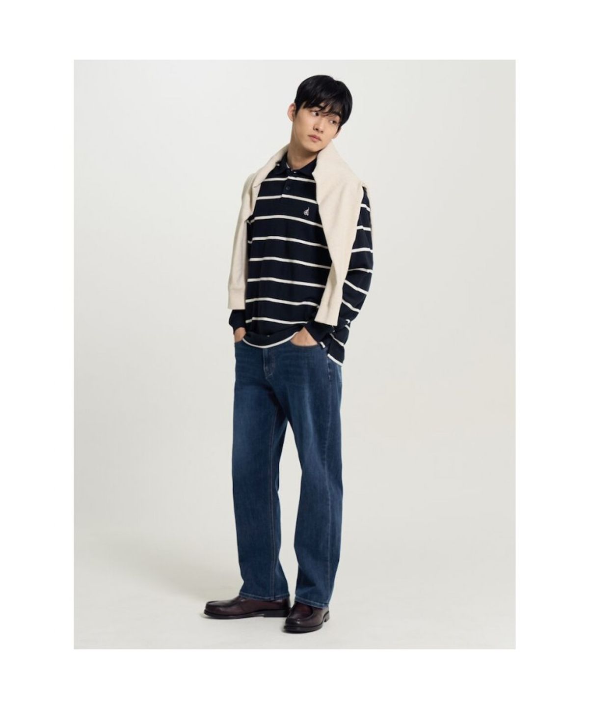빈폴 멘(BEANPOLE MEN) 텍스처 칼라넥 스트라이프 긴소매 티셔츠  네이비