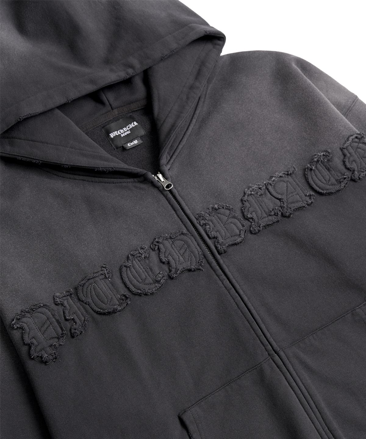 피치블랙(PITCHBLACK) APPLIQAE CROSS WASHED HOOD ZIP-UP (WASHED BLACK)