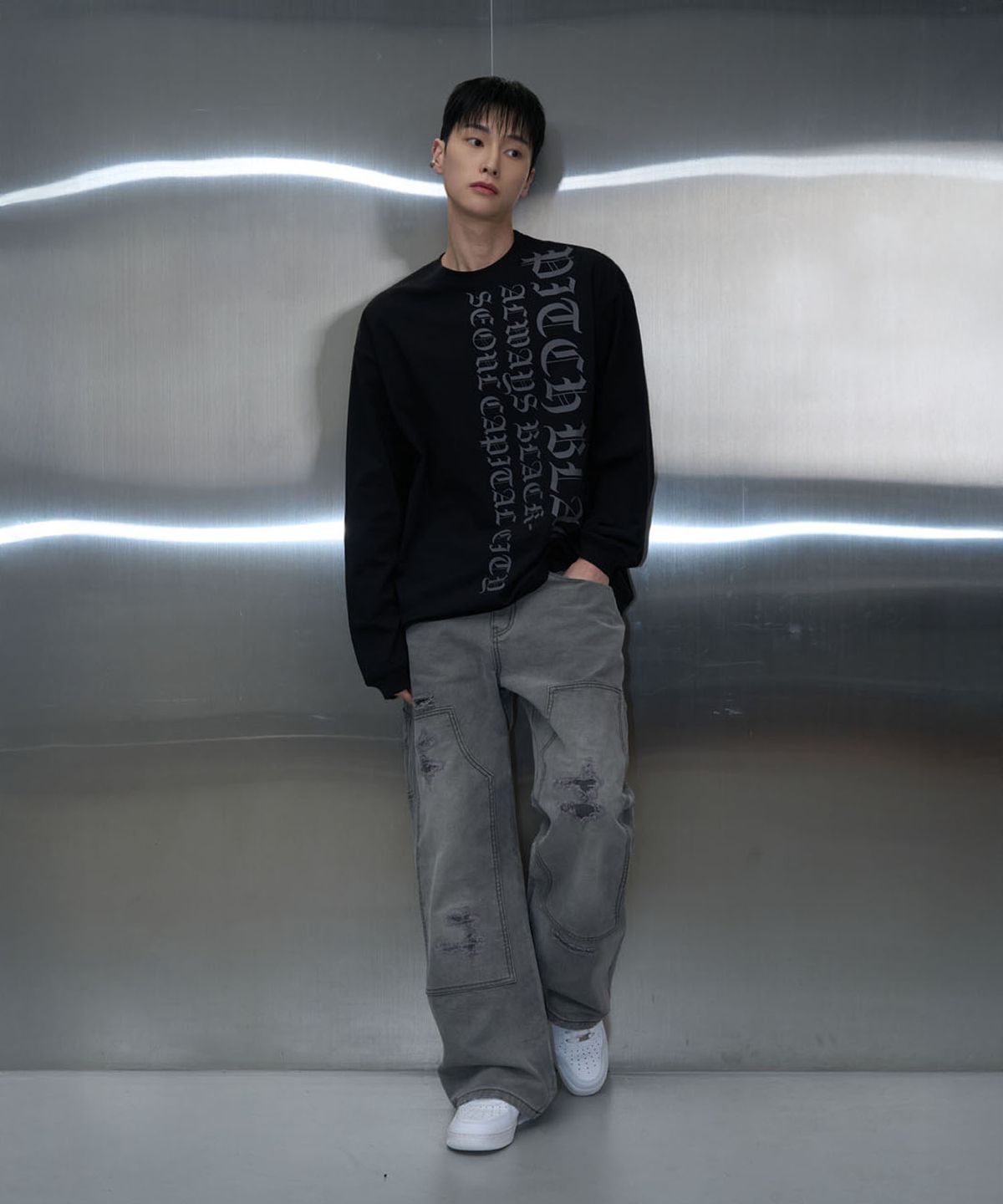 피치블랙(PITCHBLACK) DESTROYED DAMAGE JEANS (WASHED GREY)
