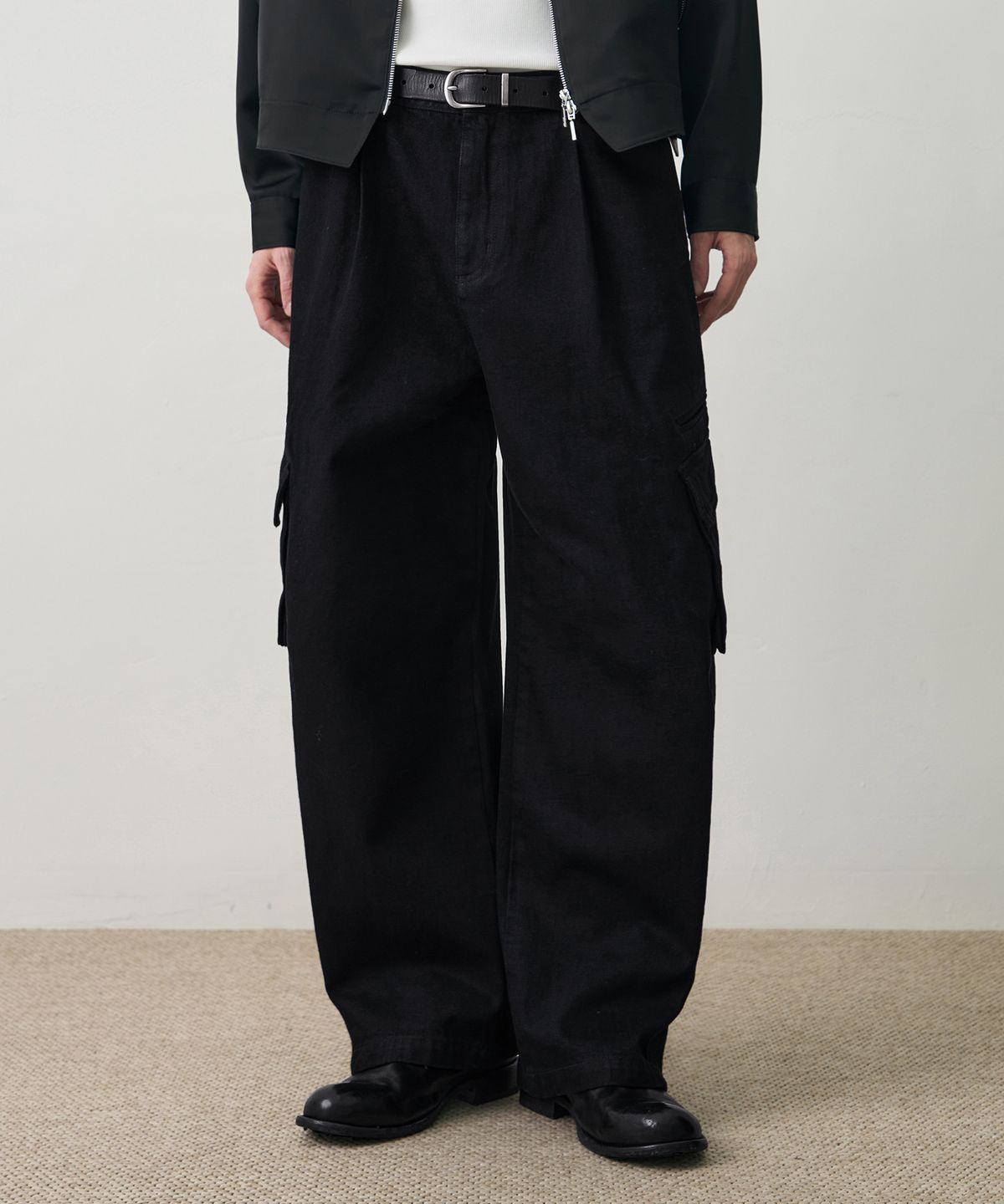 드로우핏(DRAW FIT) 마일즈 워싱 데님 카고 팬츠 [BLACK INDIGO]