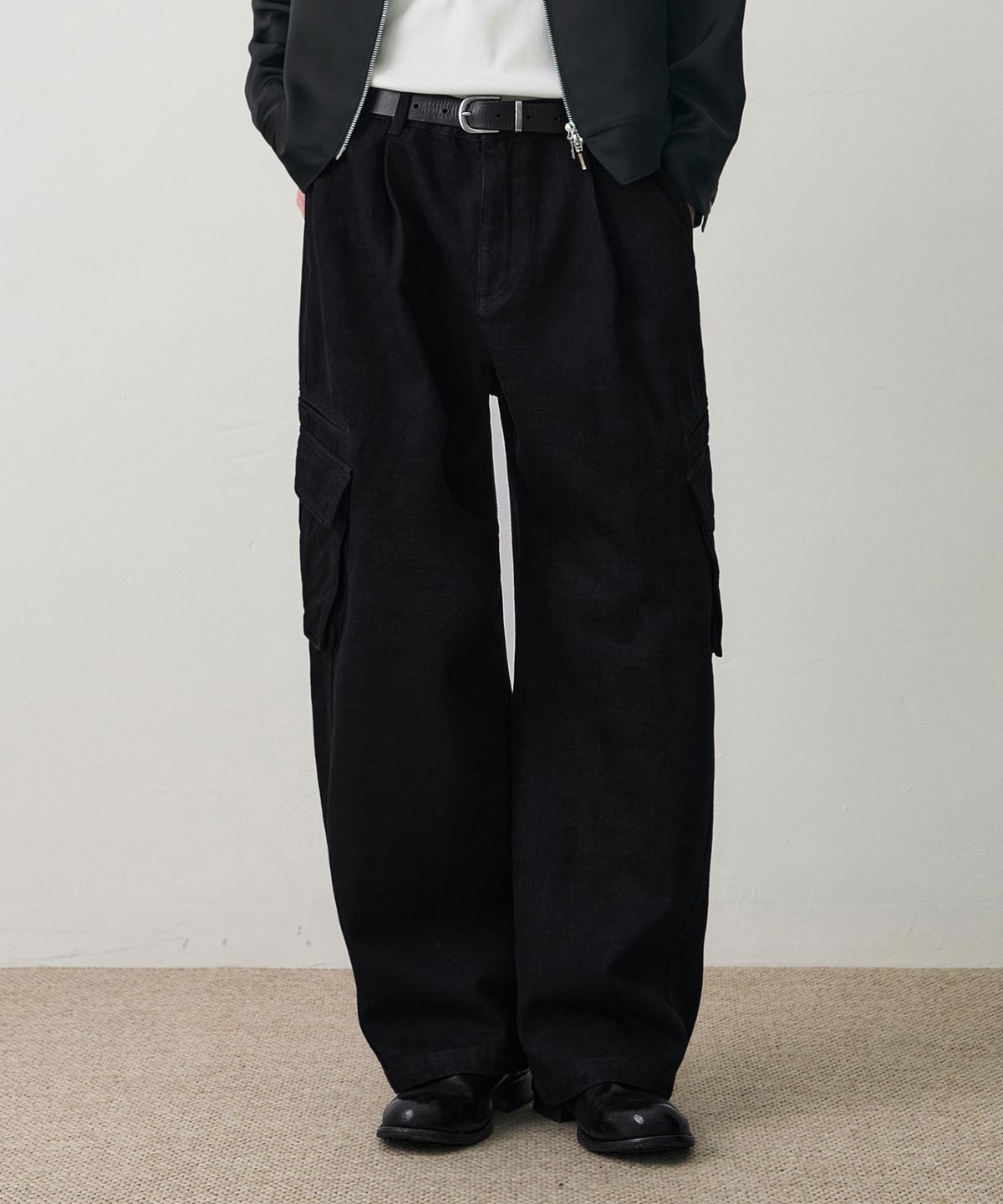 드로우핏(DRAW FIT) 마일즈 워싱 데님 카고 팬츠 [BLACK INDIGO]