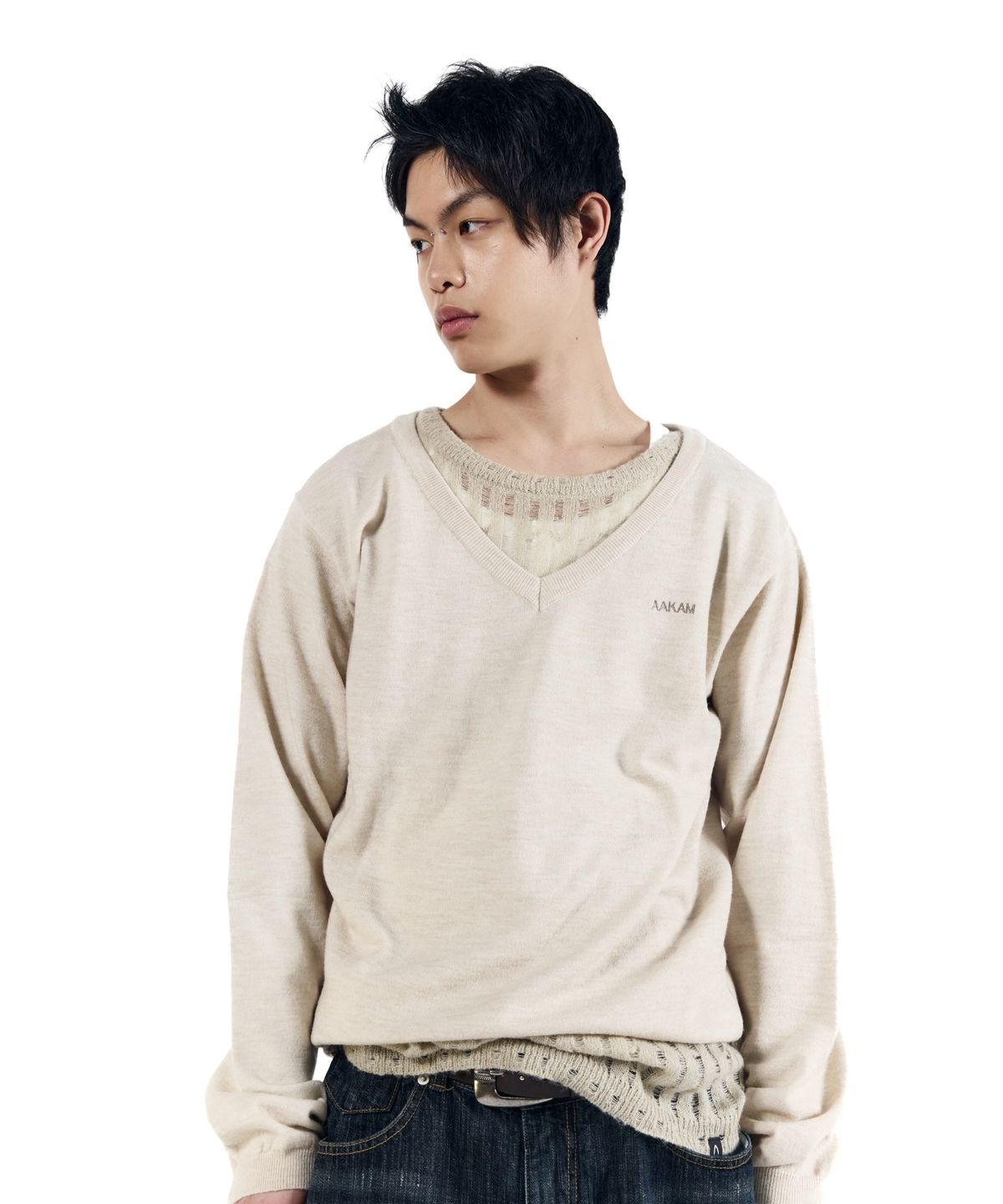 아캄(AAKAM) Layered V-Neck Knit (Ivory)