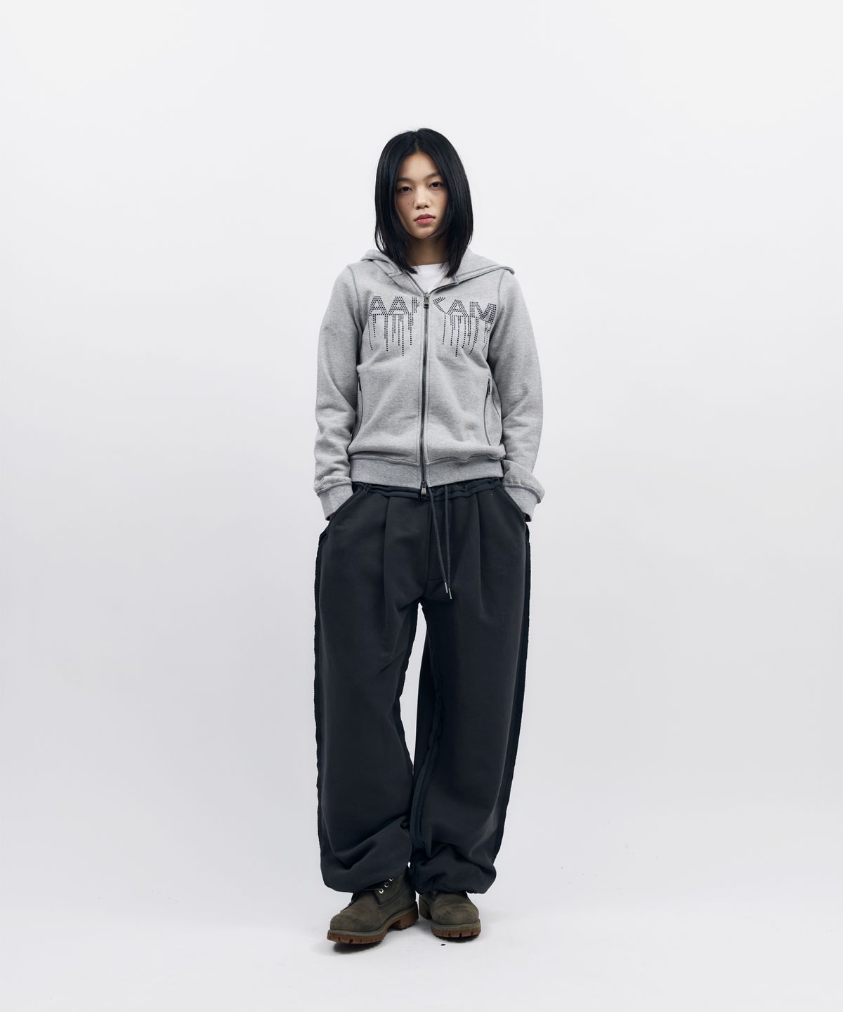 아캄(AAKAM) AKM Rhinestone Zip-Up Hoodie (Gray)