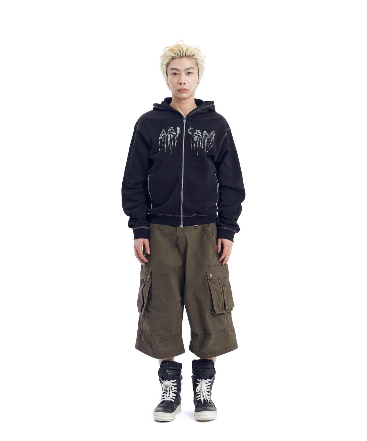 아캄(AAKAM) AKM Rhinestone Zip-Up Hoodie (Black)