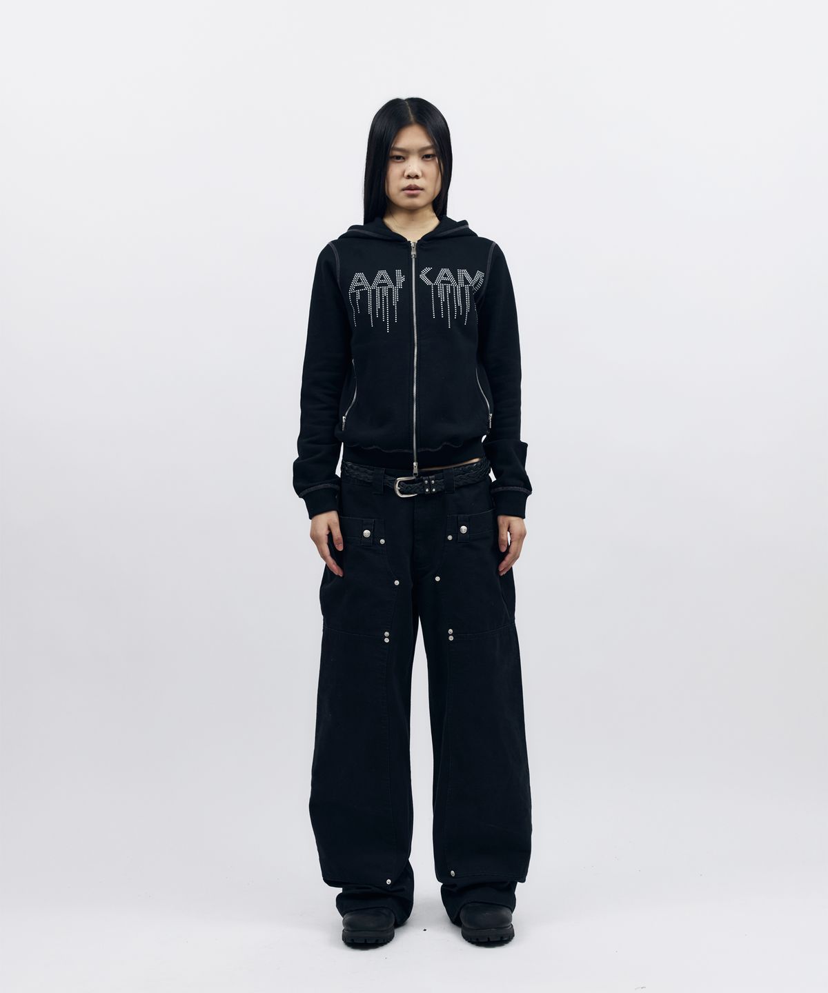 아캄(AAKAM) AKM Rhinestone Zip-Up Hoodie (Black)