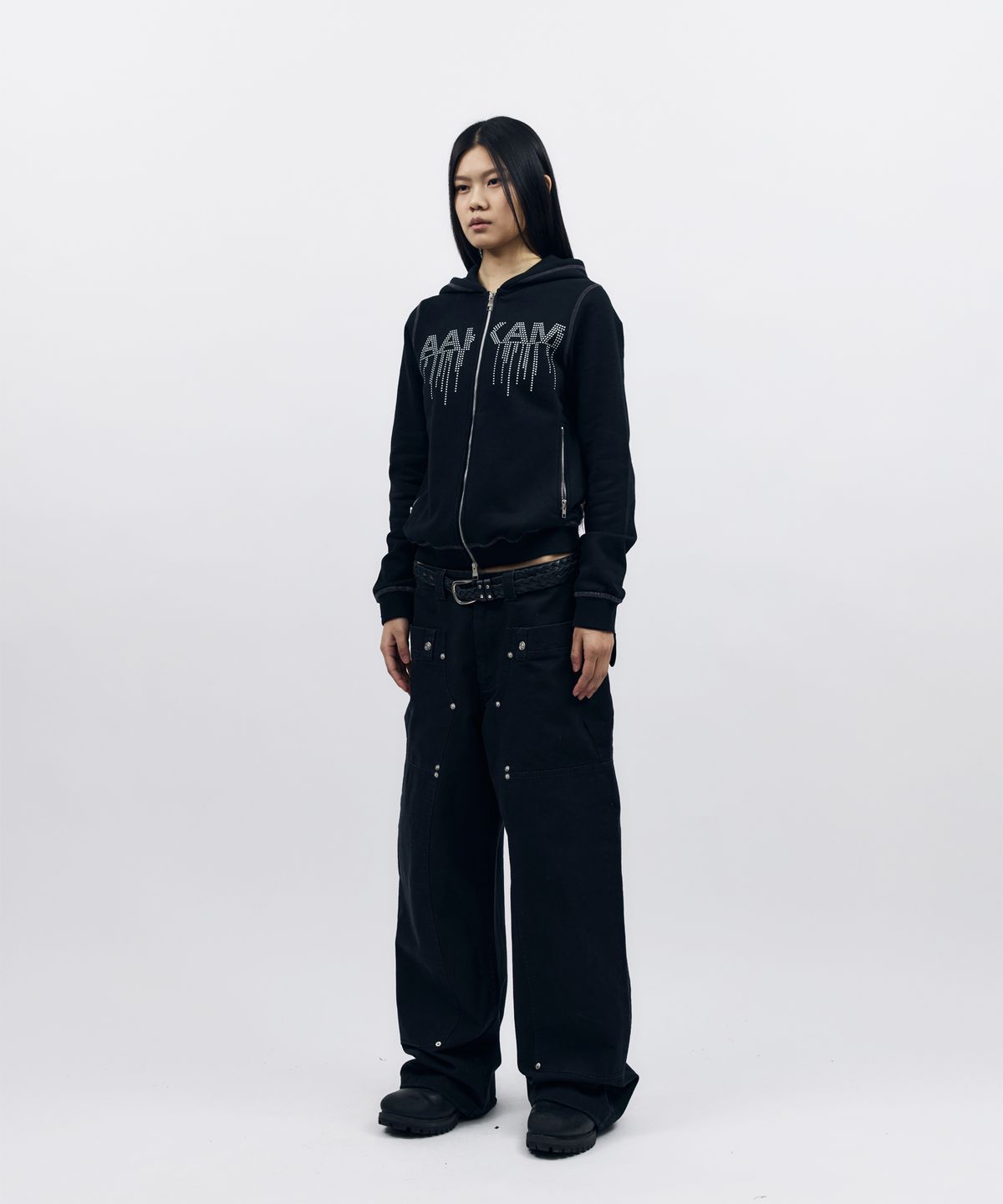 아캄(AAKAM) AKM Rhinestone Zip-Up Hoodie (Black)