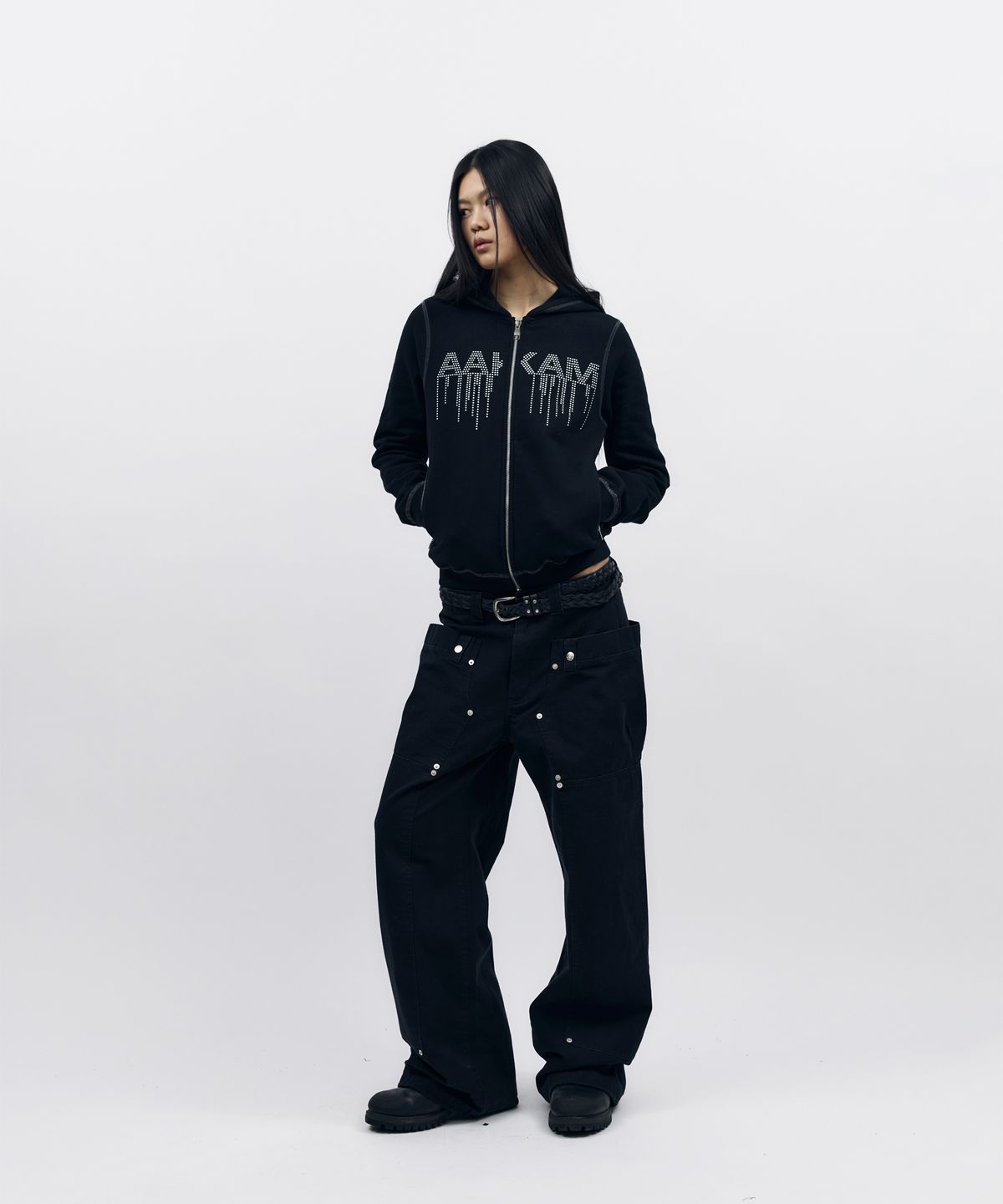 아캄(AAKAM) AKM Rhinestone Zip-Up Hoodie (Black)