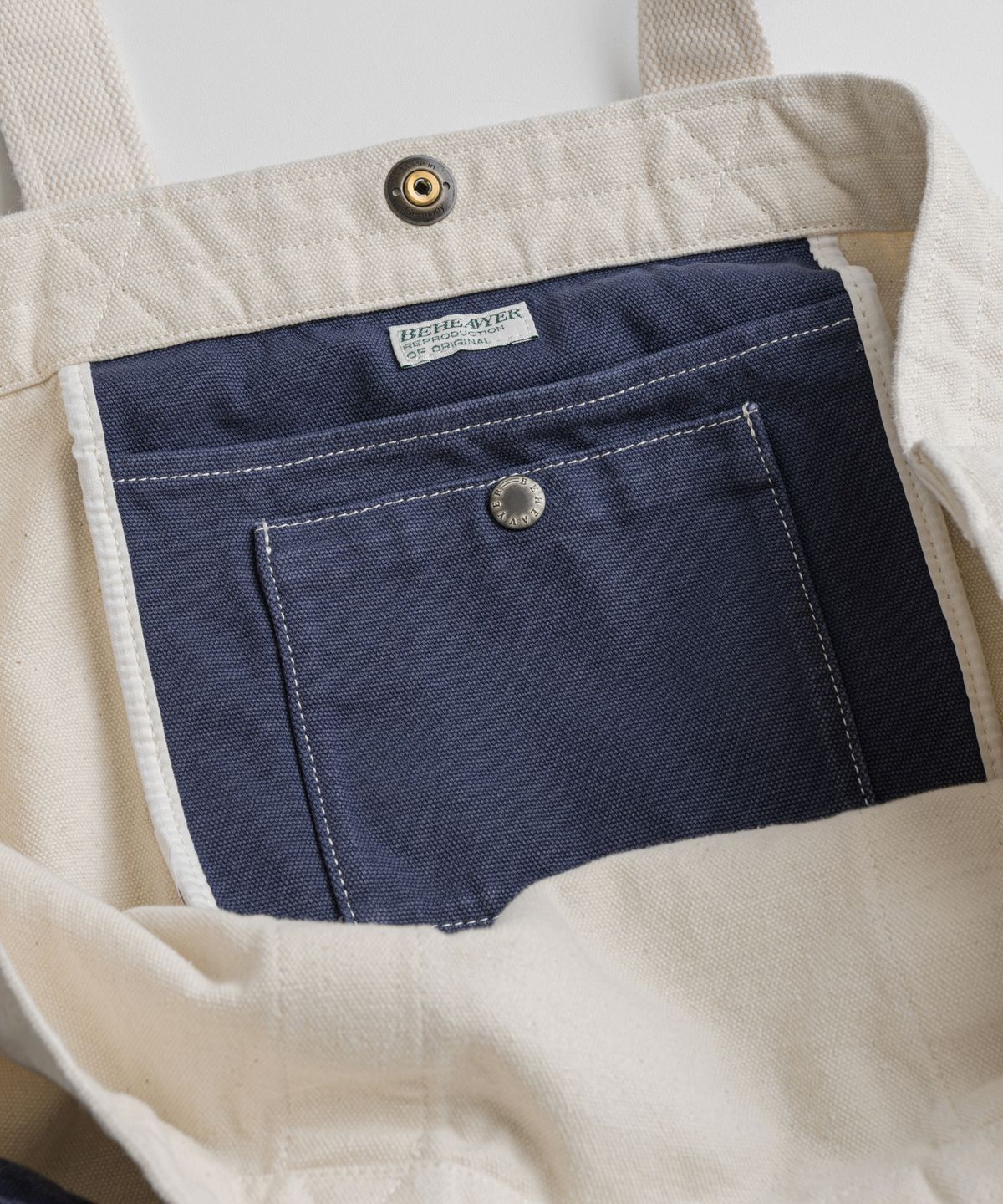 비헤비어(BEHEAVYER) WASHED CANVAS TOTE BAG oatmeal/blue