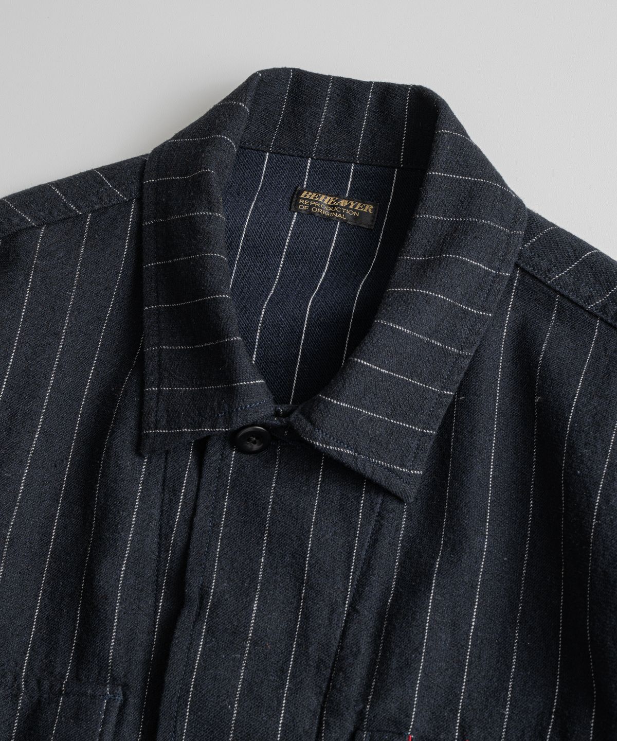 비헤비어(BEHEAVYER) WASHED LINEN BDU JACKET navy stripe