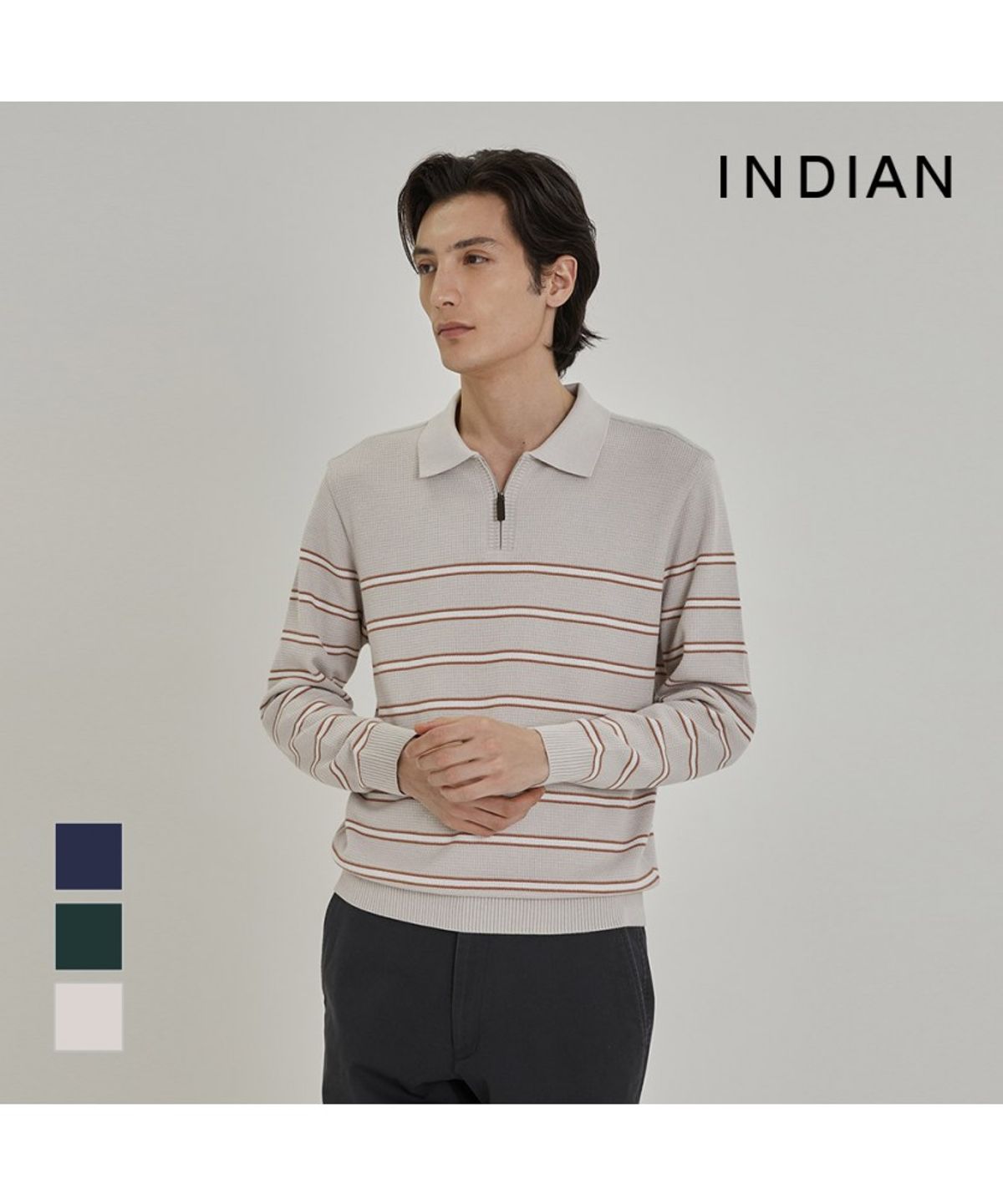 인디안(INDIAN) 스트라이프 폴로짚업 니트_MIUBL6SC461