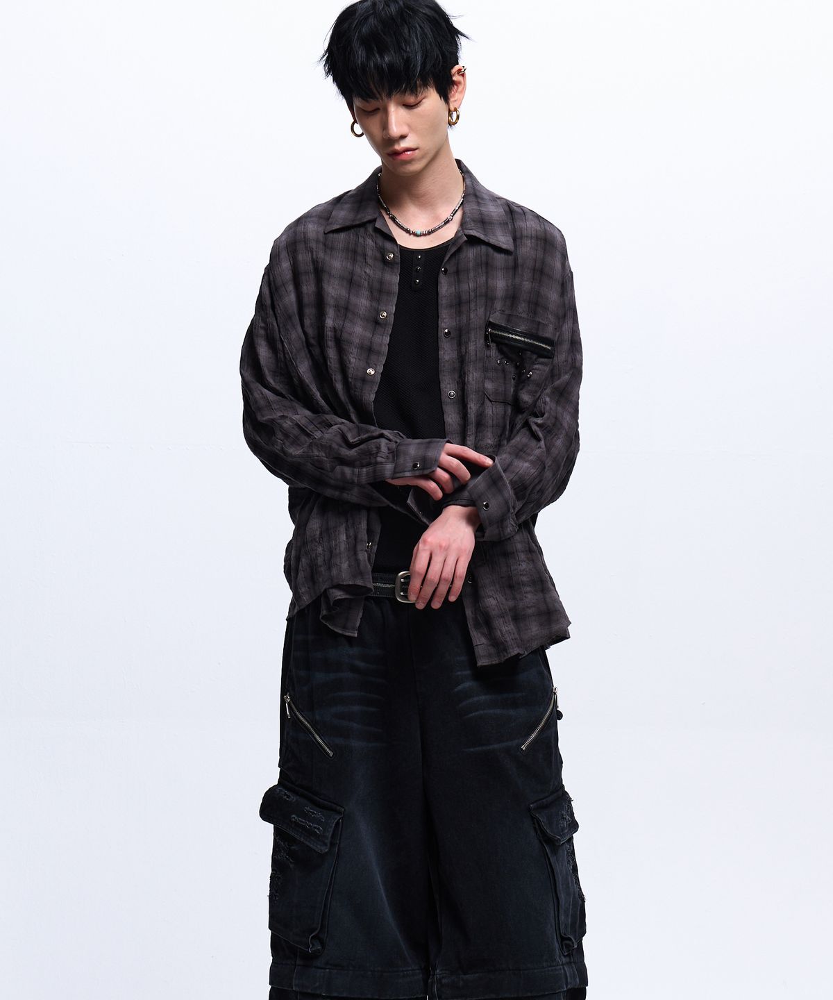 알에스에스씨(RSSC) RIVET ZIPPER CHECK SHIRT - CHARCOAL