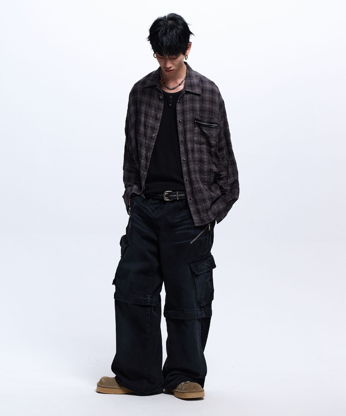 알에스에스씨(RSSC) RIVET ZIPPER CHECK SHIRT - CHARCOAL