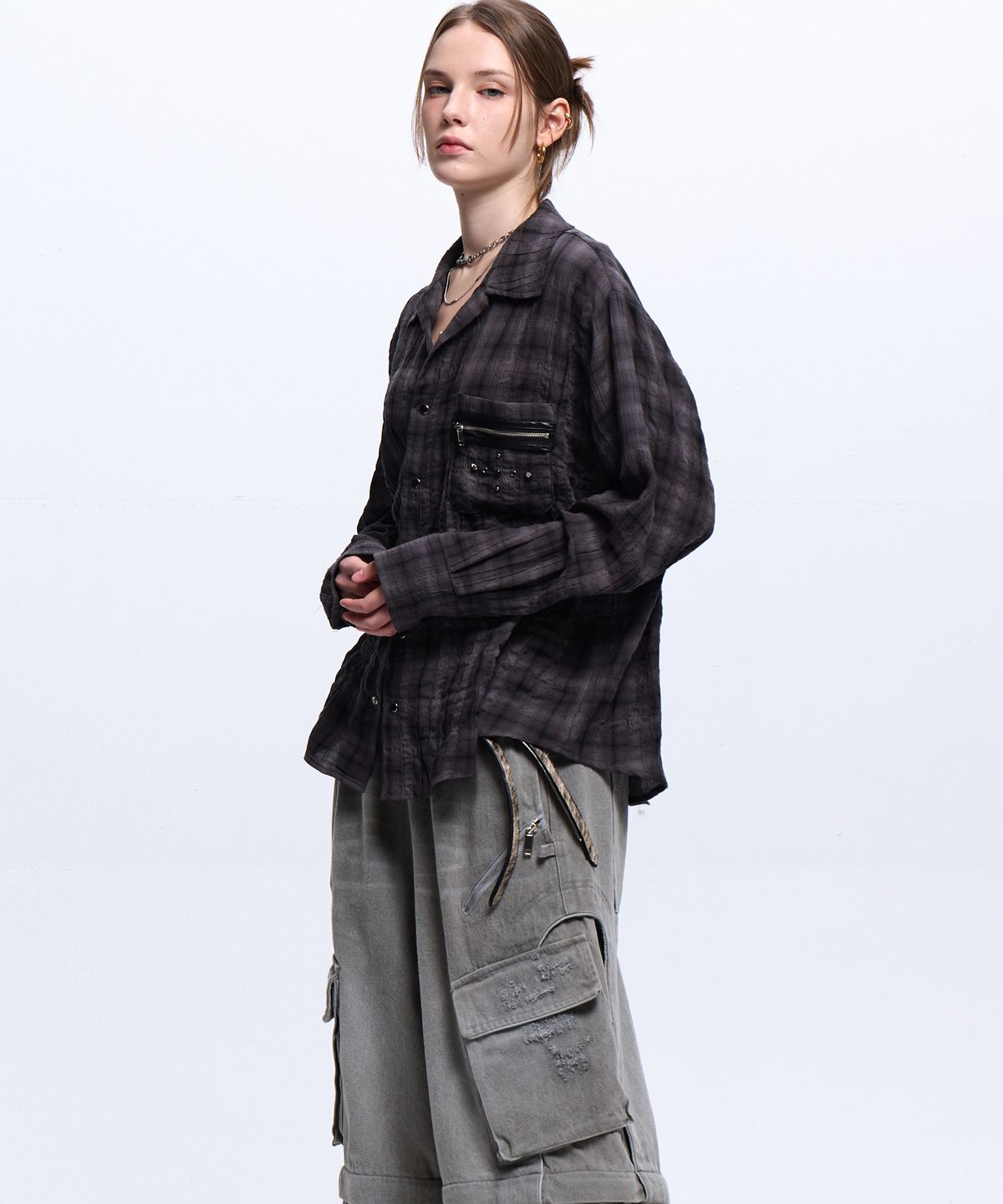 알에스에스씨(RSSC) RIVET ZIPPER CHECK SHIRT - CHARCOAL