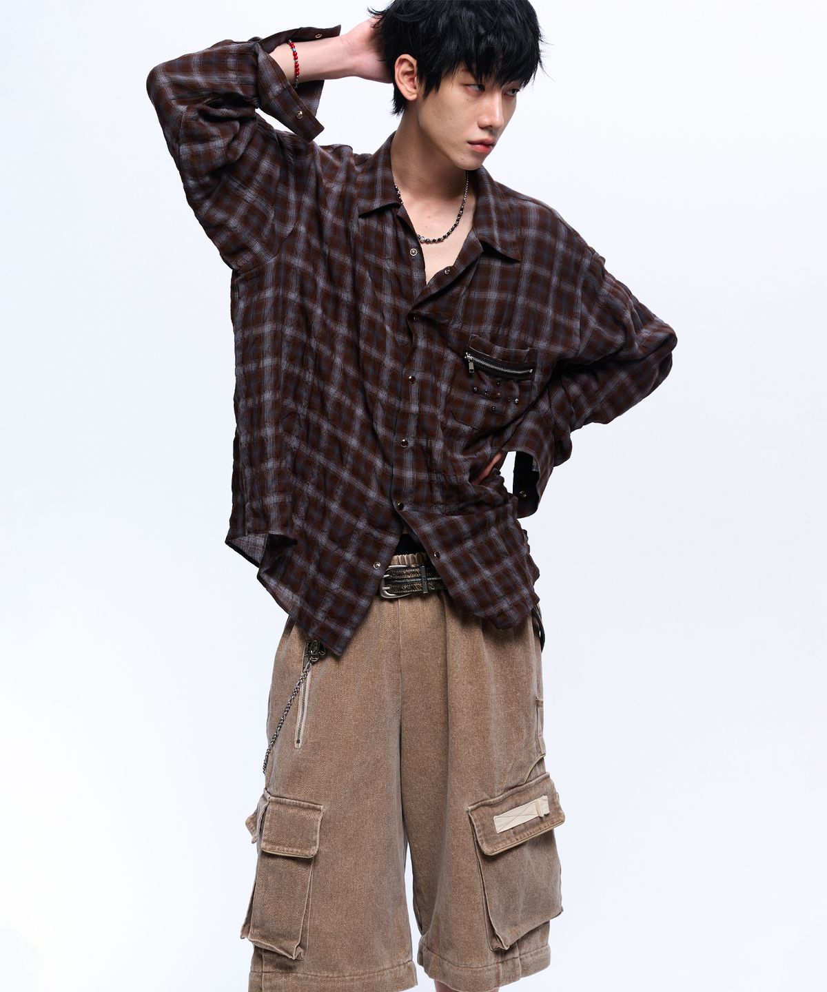 알에스에스씨(RSSC) RIVET ZIPPER CHECK SHIRT - BROWN