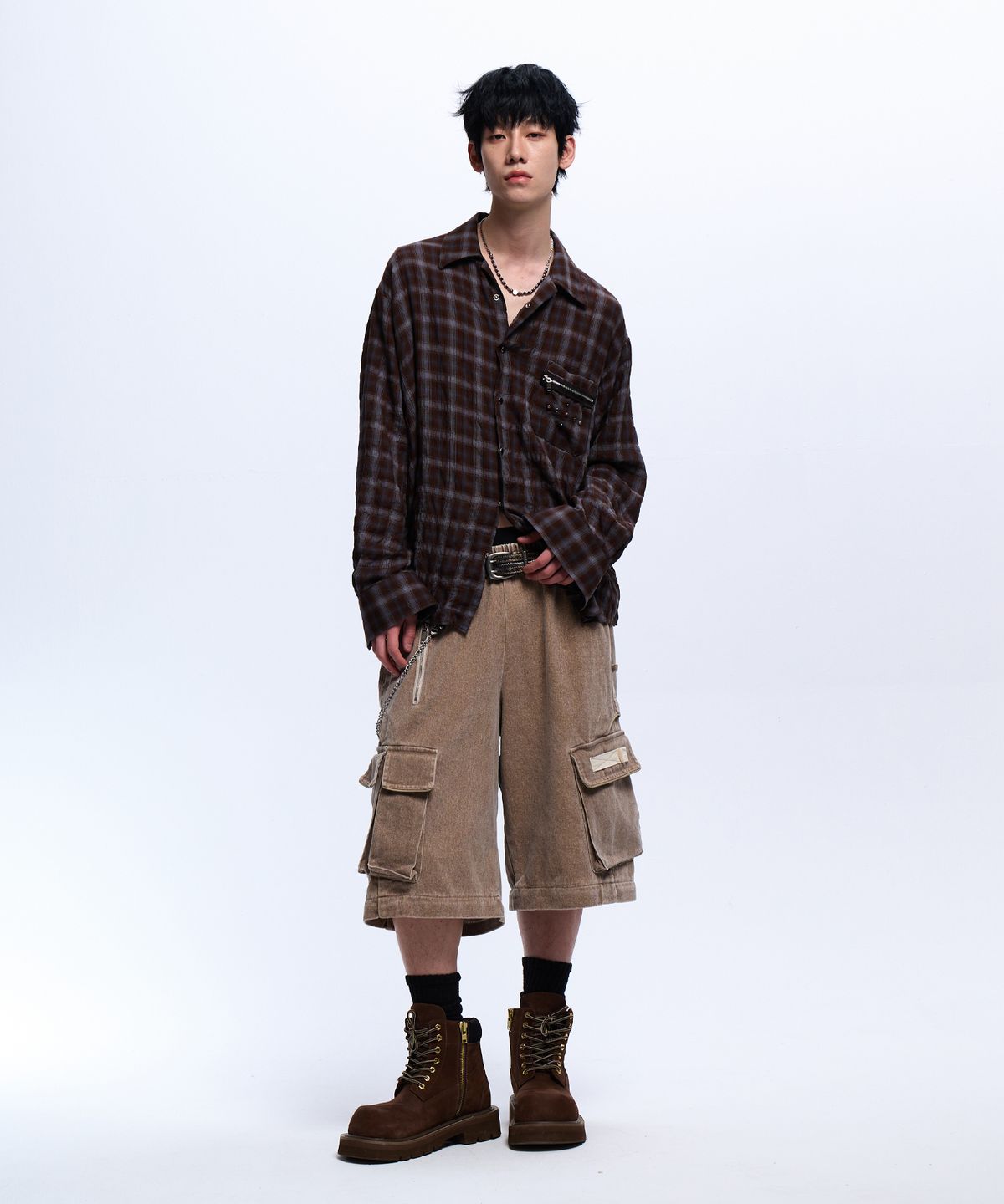 알에스에스씨(RSSC) RIVET ZIPPER CHECK SHIRT - BROWN