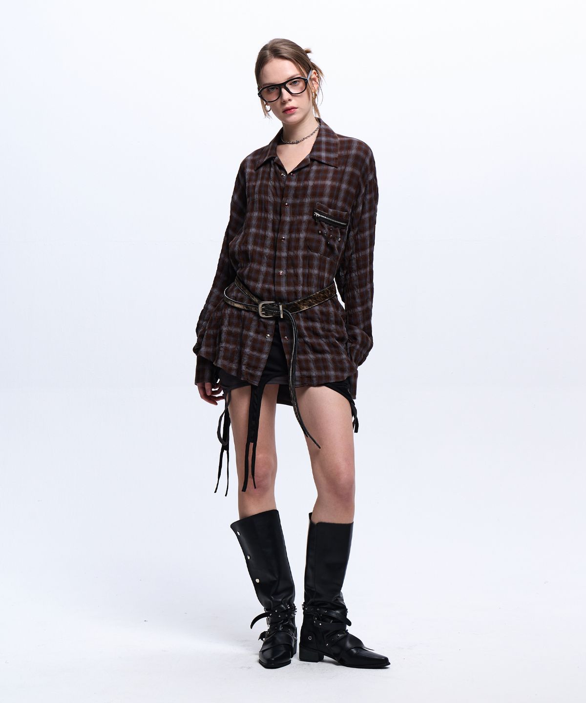 알에스에스씨(RSSC) RIVET ZIPPER CHECK SHIRT - BROWN