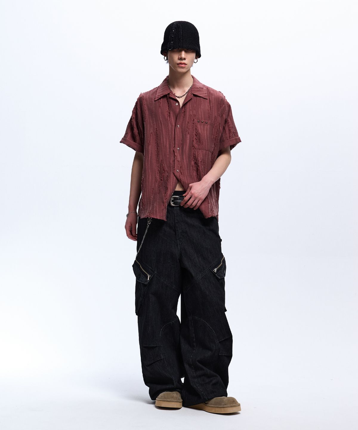알에스에스씨(RSSC) RIPPED JACQUARD HALF SHIRT - WINE