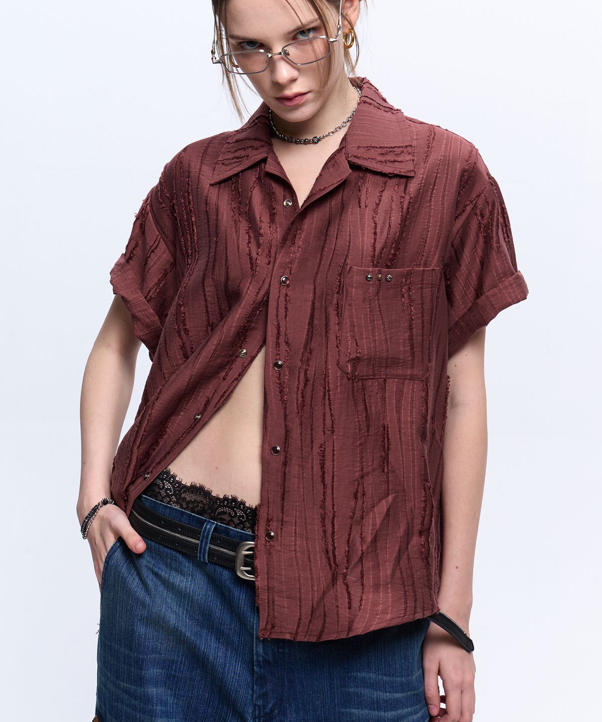 알에스에스씨(RSSC) RIPPED JACQUARD HALF SHIRT - WINE