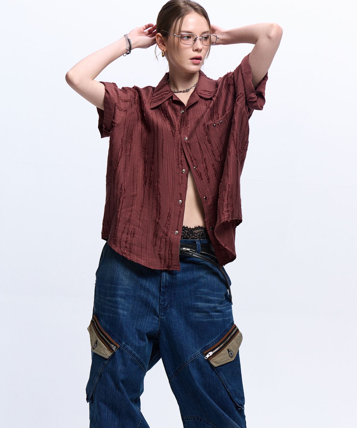 알에스에스씨(RSSC) RIPPED JACQUARD HALF SHIRT - WINE