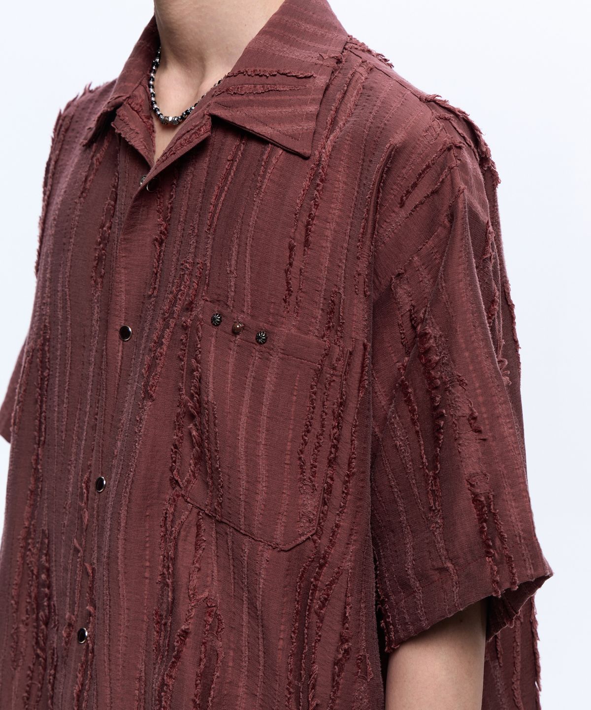 알에스에스씨(RSSC) RIPPED JACQUARD HALF SHIRT - WINE