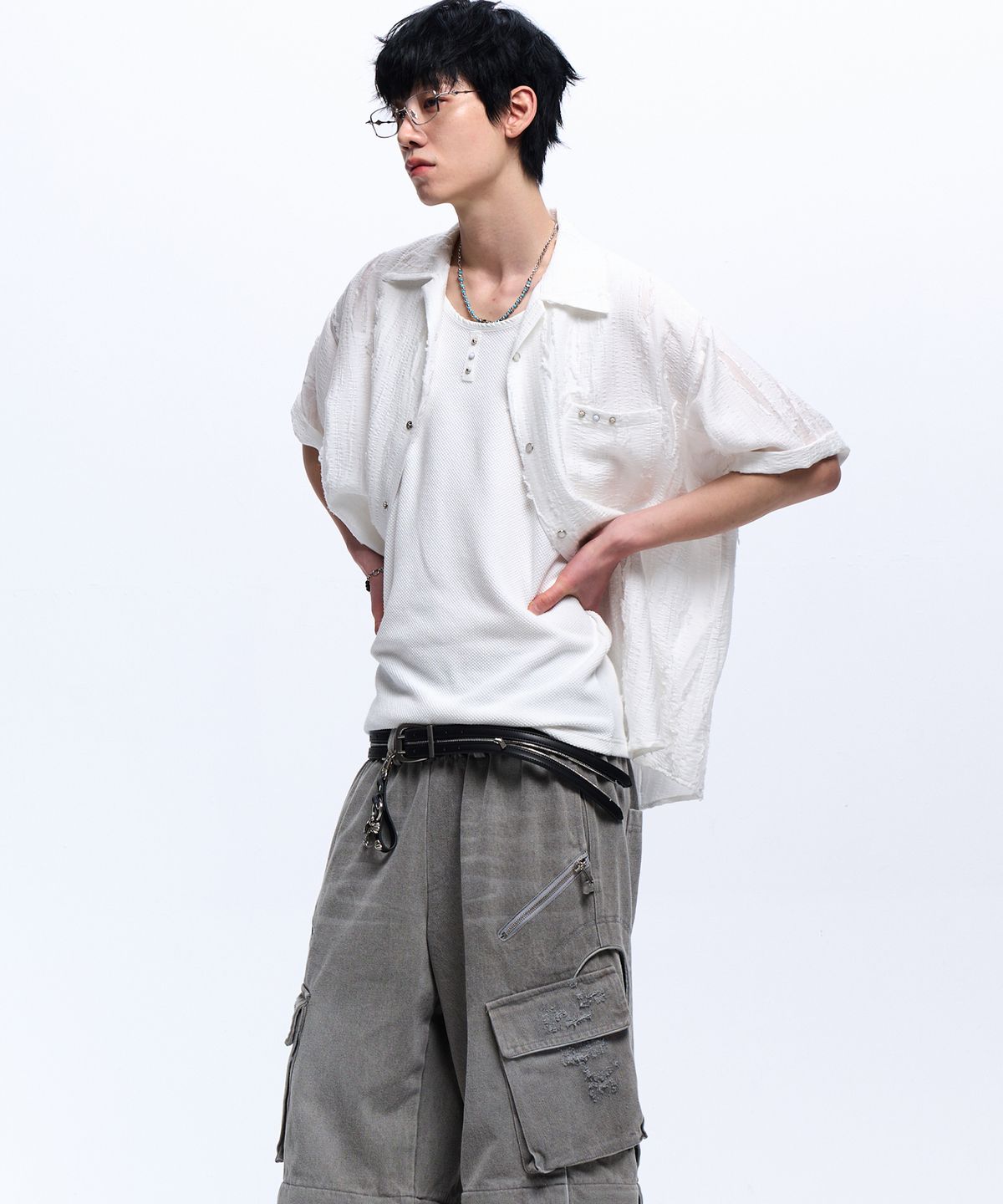 알에스에스씨(RSSC) RIPPED JACQUARD HALF SHIRT - WHITE