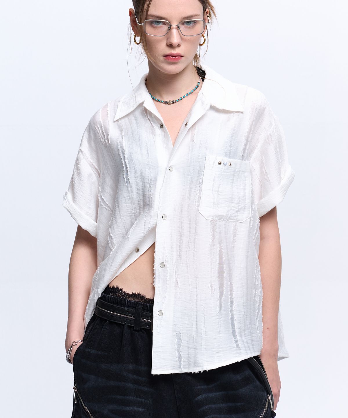 알에스에스씨(RSSC) RIPPED JACQUARD HALF SHIRT - WHITE
