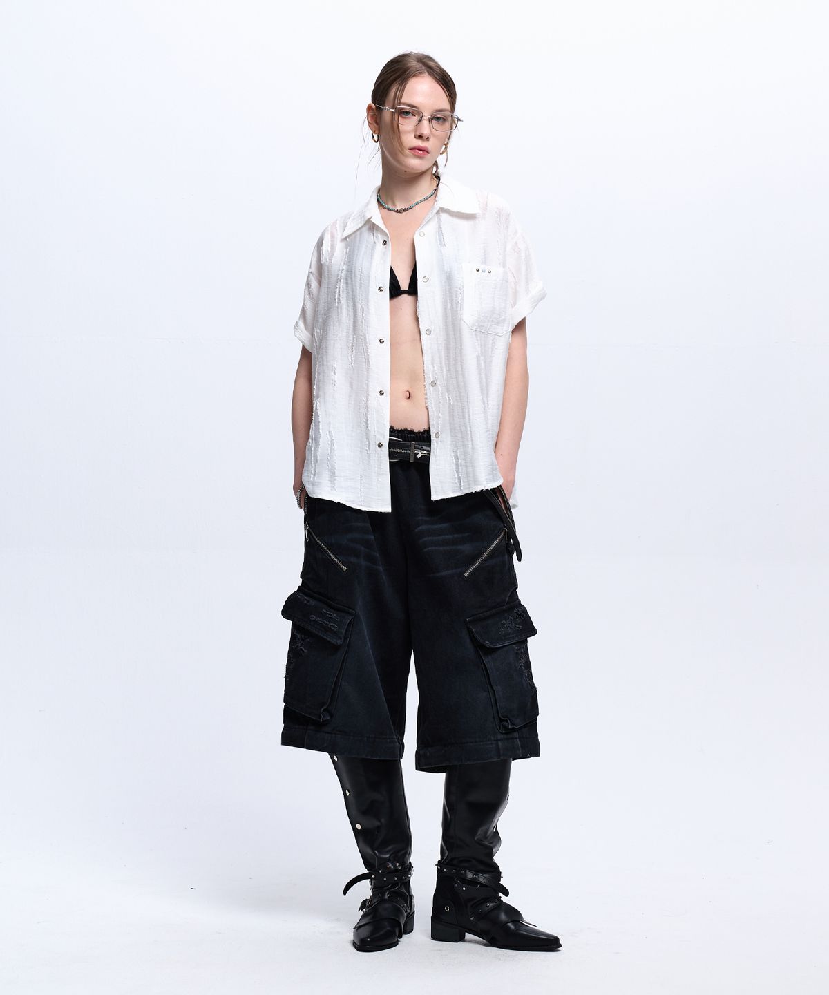 알에스에스씨(RSSC) RIPPED JACQUARD HALF SHIRT - WHITE